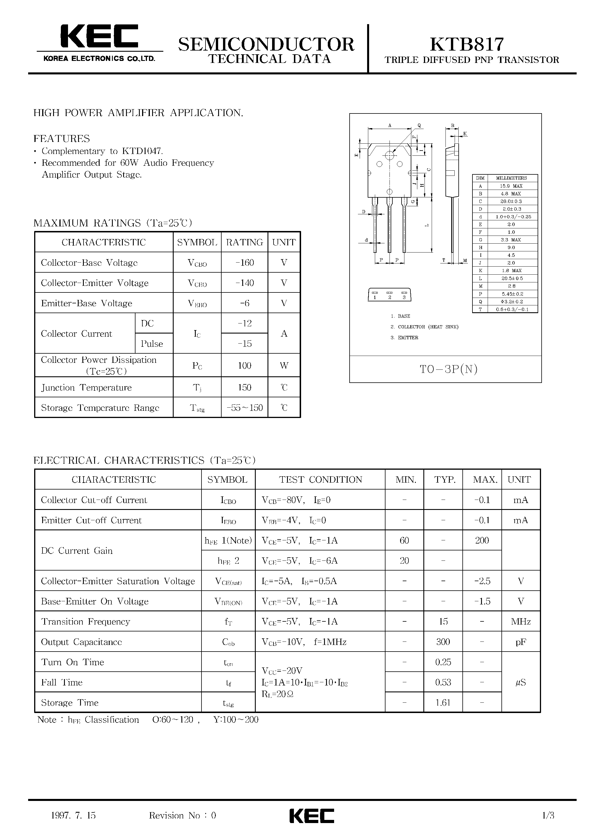 Datasheet KTB817 - TRIPLE DIFFUSED PNP TRANSISTOR(HIGH POWER AMPLIFIER) page 1