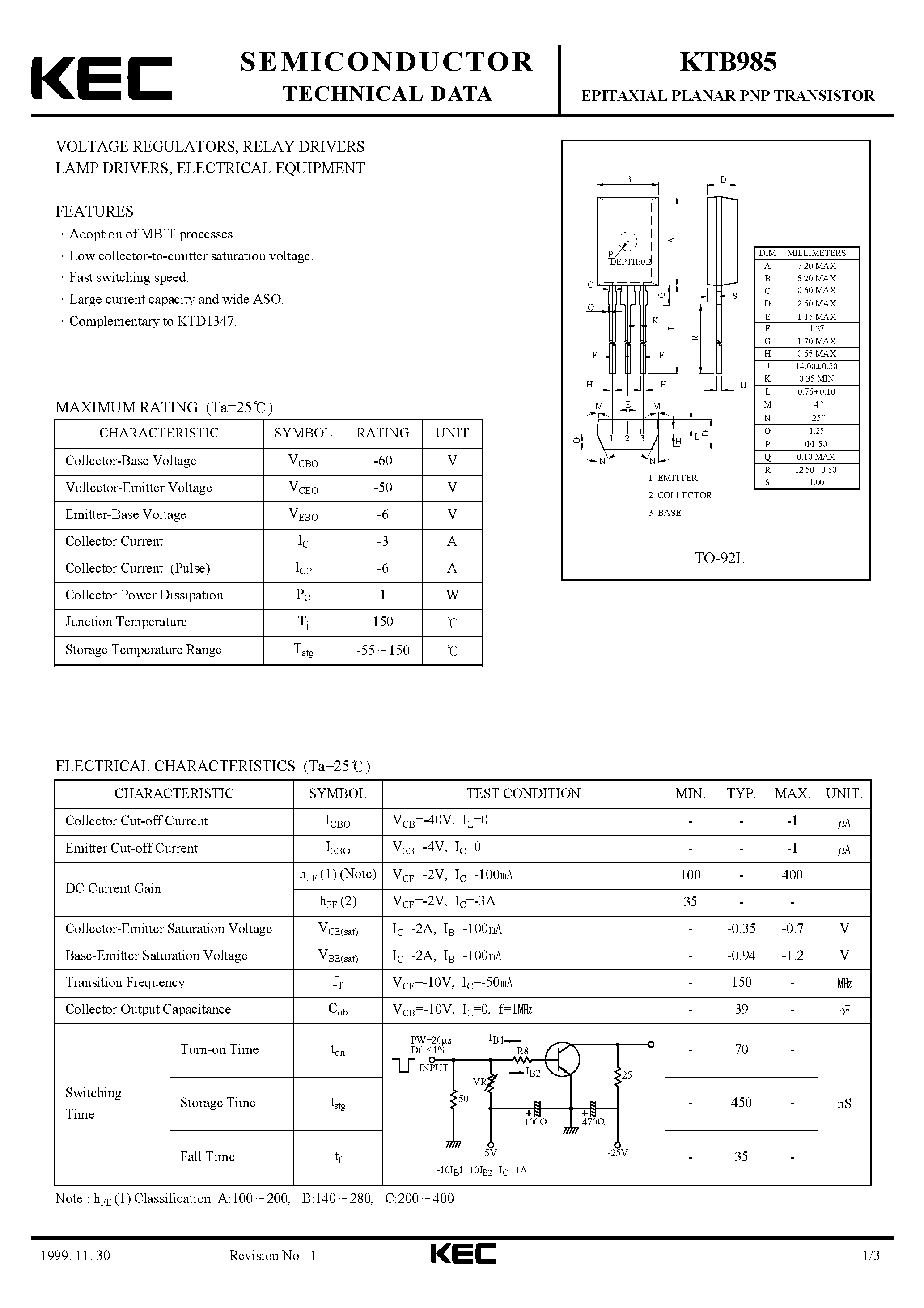 Даташит KTB985 - EPITAXIAL PLANAR PNP TRANSISTOR (VOLTAGE REGULATOR RELAY DRIVERS LAMP DRIVER/ ELECTRICAL EQUIPMENT) страница 1