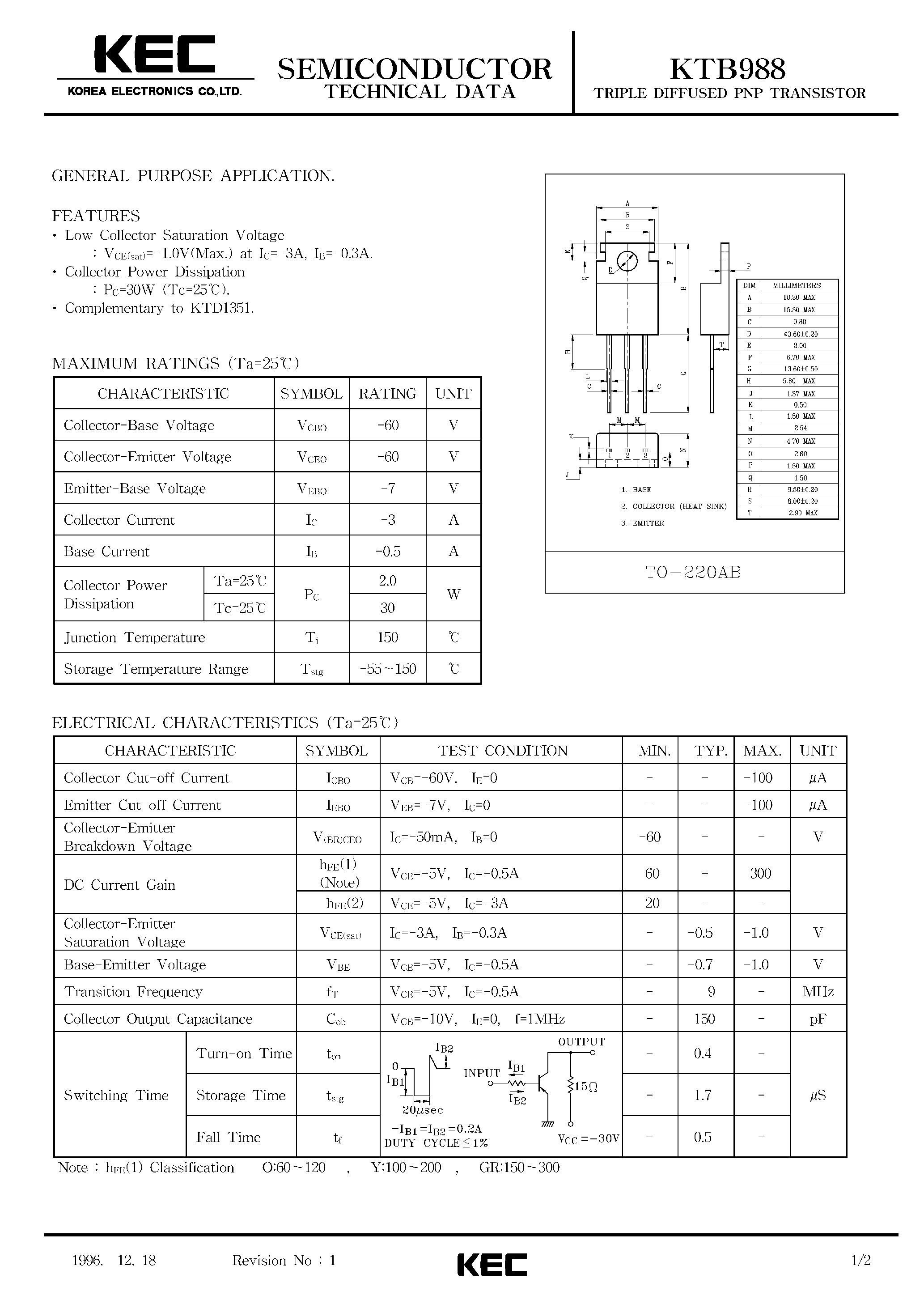 Даташит на микросхему KTB988 страница 1 Даташит KTB988 - TRIPLE DIFFUSED PNP TRANSISTOR(GENERAL PURPOSE) страница 1