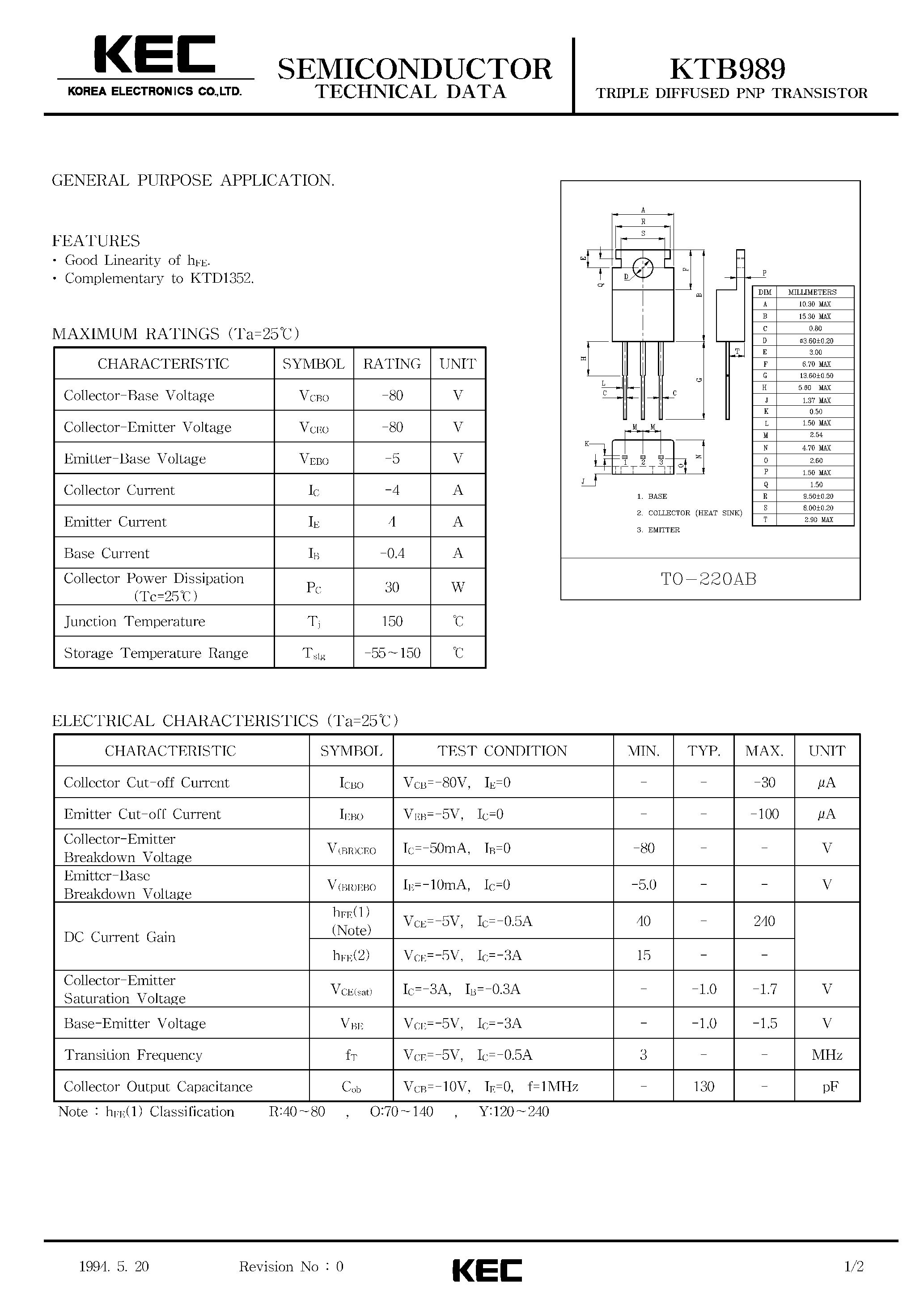 Datasheet KTB989 - TRIPLE DIFFUSED PNP TRANSISTOR(GENERAL PURPOSE) page 1