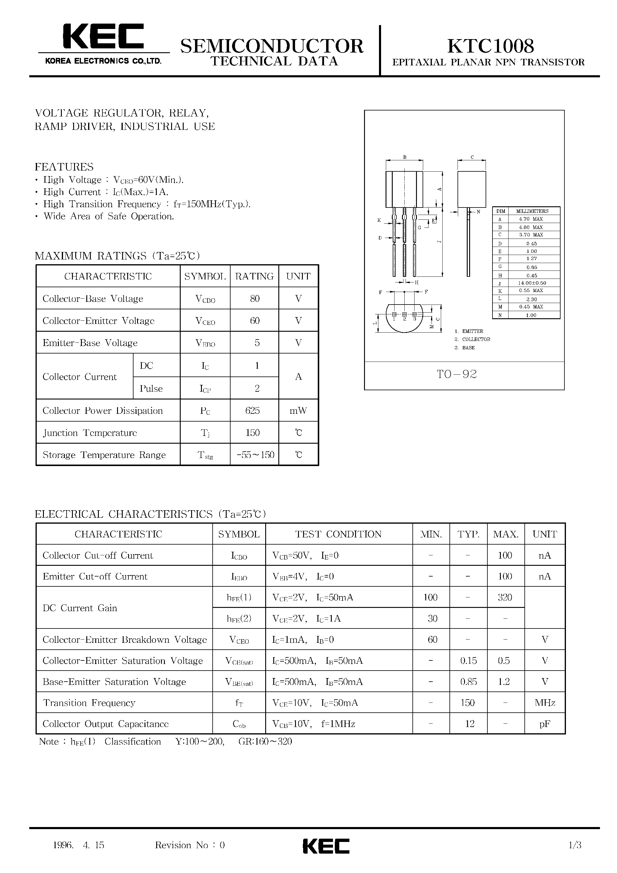Даташит KTC1008 - EPITAXIAL PLANAR NPN TRANSISTOR (VOLTAGE REGULATOR RELAY RAMP DRIVER/ INDUSTRIAL USE) страница 1
