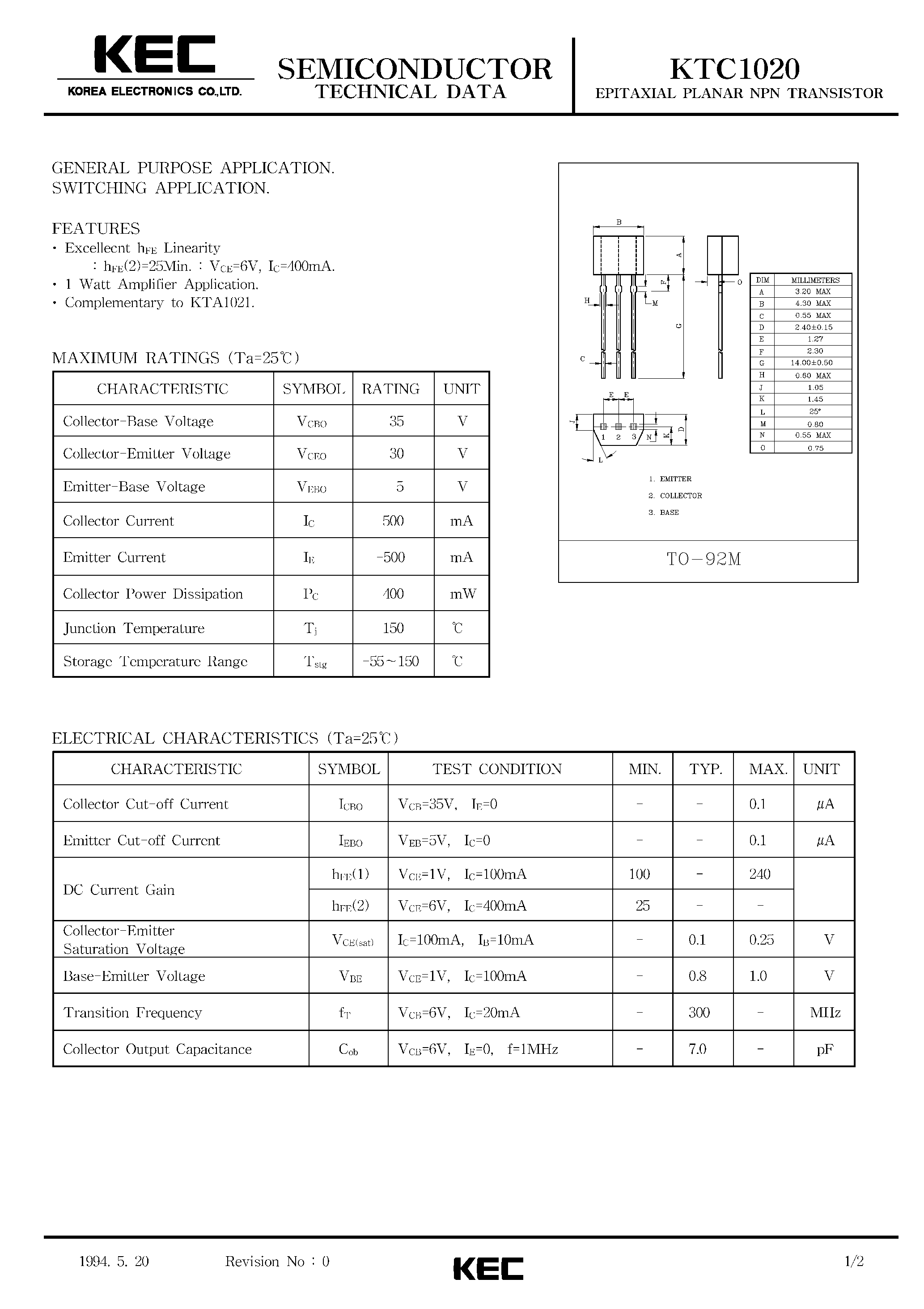 Datasheet KTC1020 page 1 Datasheet KTC1020 - EPITAXIAL PLANAR NPN TRANSISTOR (GENERAL PURPOSE/ SWITCHING) page 1