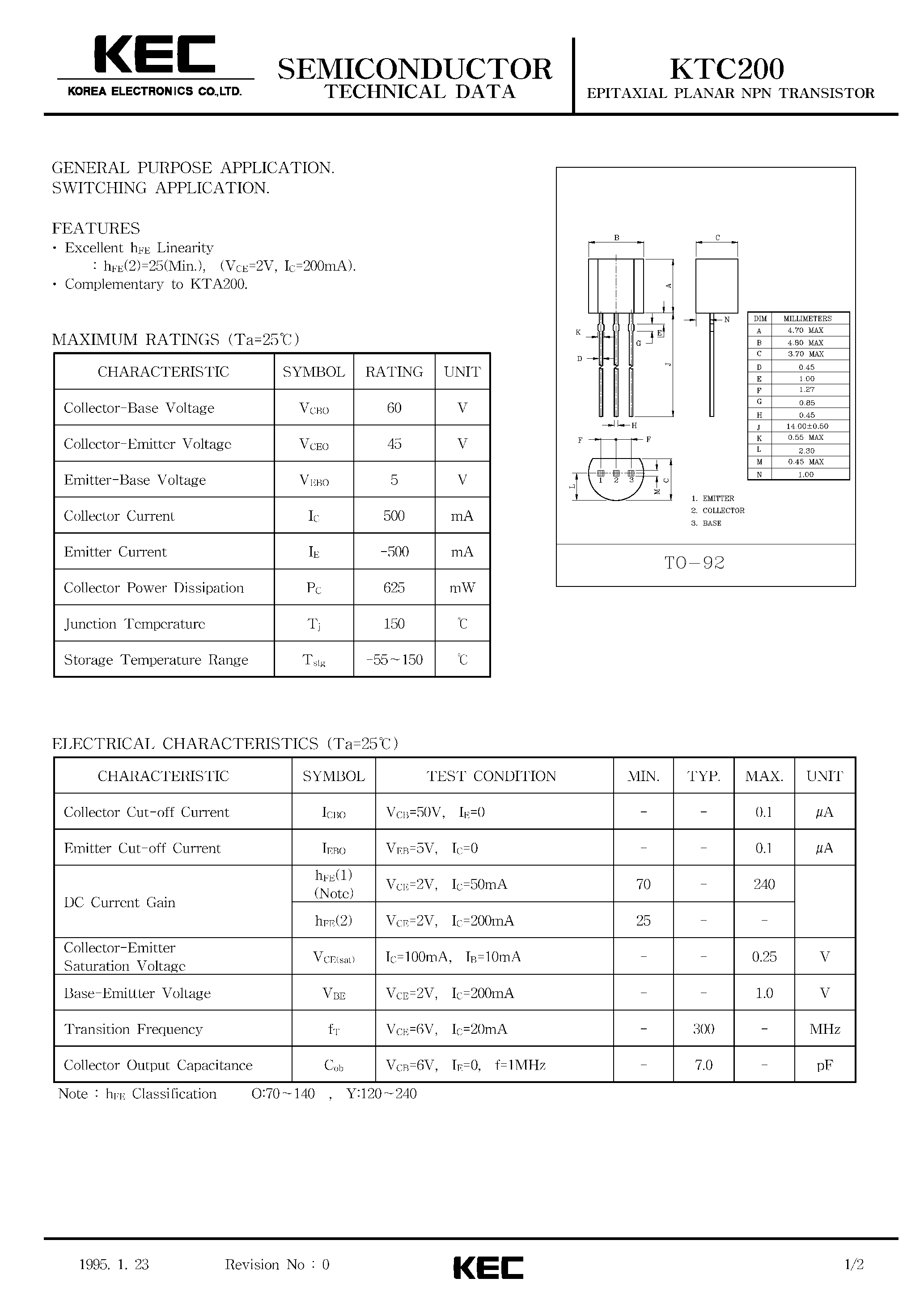 Datasheet KTC200 page 1 Datasheet KTC200 - EPITAXIAL PLANAR NPN TRANSISTOR (GENERAL PURPOSE/ SWITCHING) page 1
