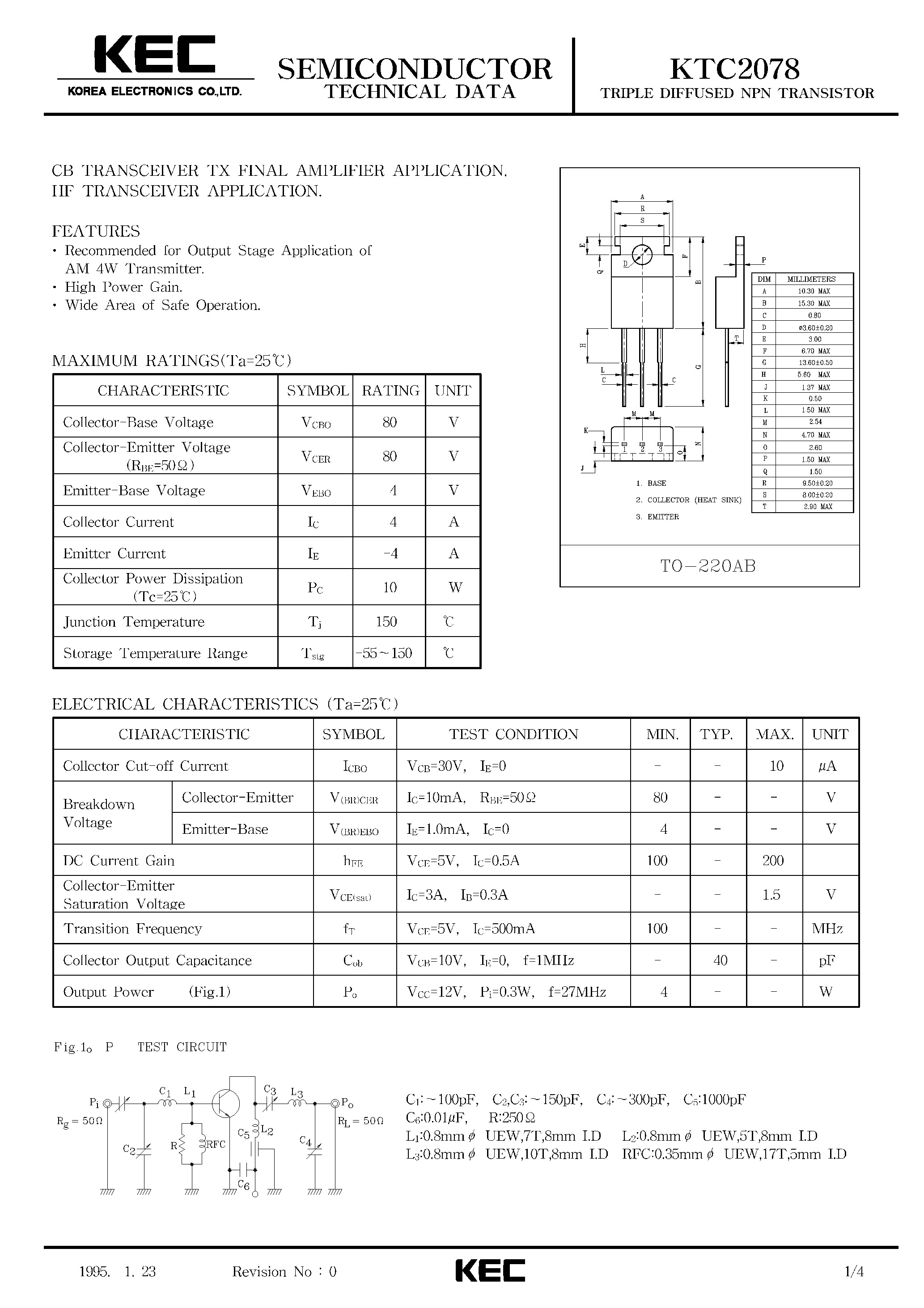 Datasheet KTC2078 - TRIPLE DIFFUSED PNP TRANSISTOR(CB TRANSCEIVER TX FINAL/ AMPLIFIER/ HF TRANSISTOR) page 1