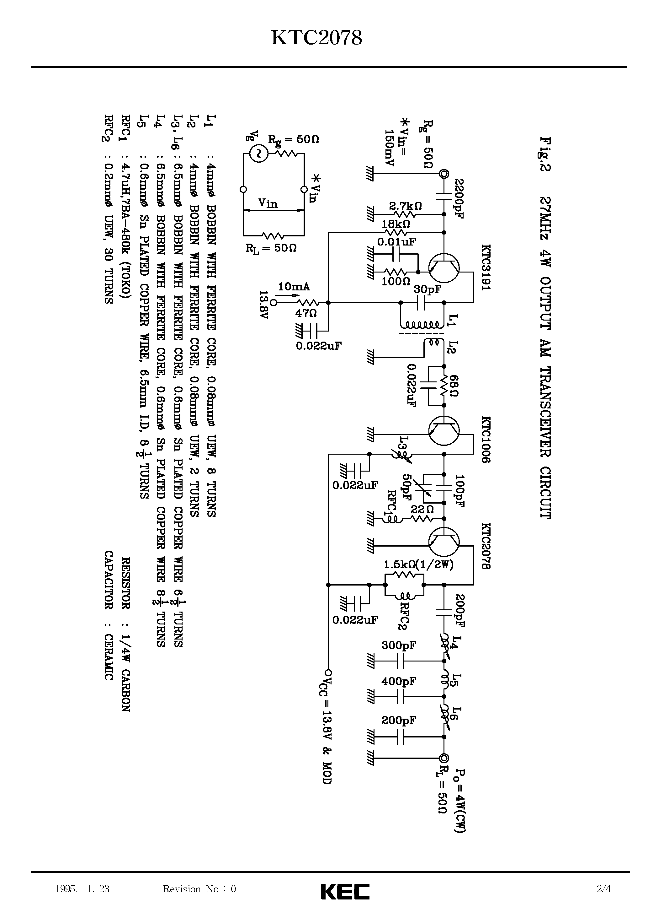Datasheet KTC2078 - TRIPLE DIFFUSED PNP TRANSISTOR(CB TRANSCEIVER TX FINAL/ AMPLIFIER/ HF TRANSISTOR) page 2