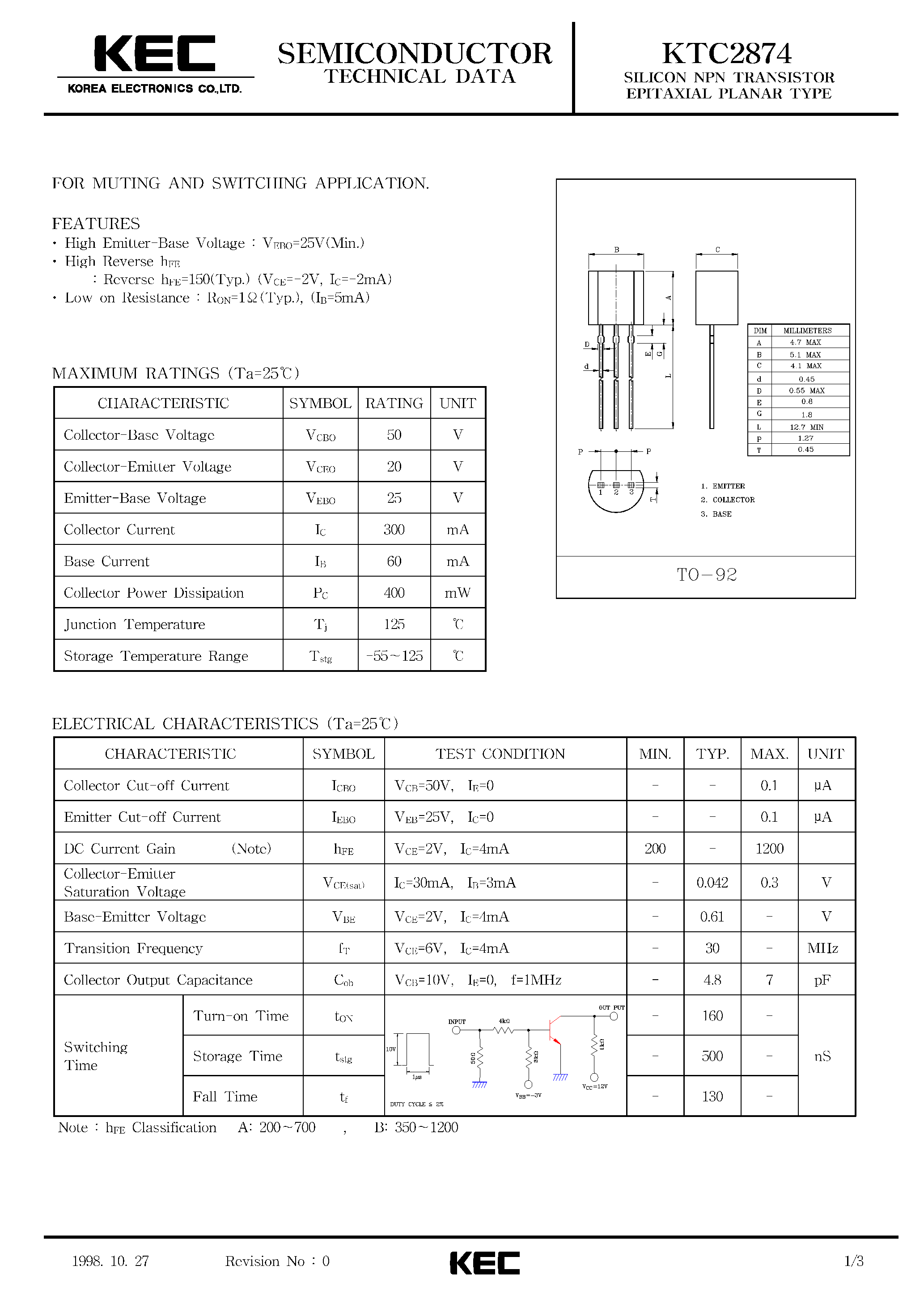 Datasheet KTC2874 page 1 Datasheet KTC2874 - SILICON NPN TRANSISTOR EPITAXIAL PLANAR TYPE(FOR MUTING AND SWITCHING) page 1