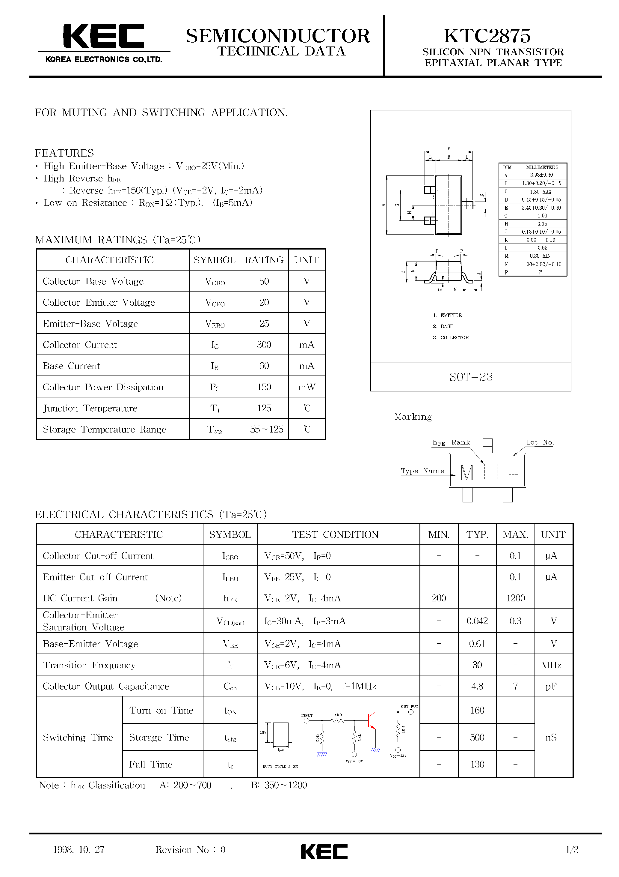 Datasheet KTC2875 page 1 Datasheet KTC2875 - SILICON NPN TRANSISTOR EPITAXIAL PLANAR TYPE(FOR MUTING AND SWITCHING) page 1