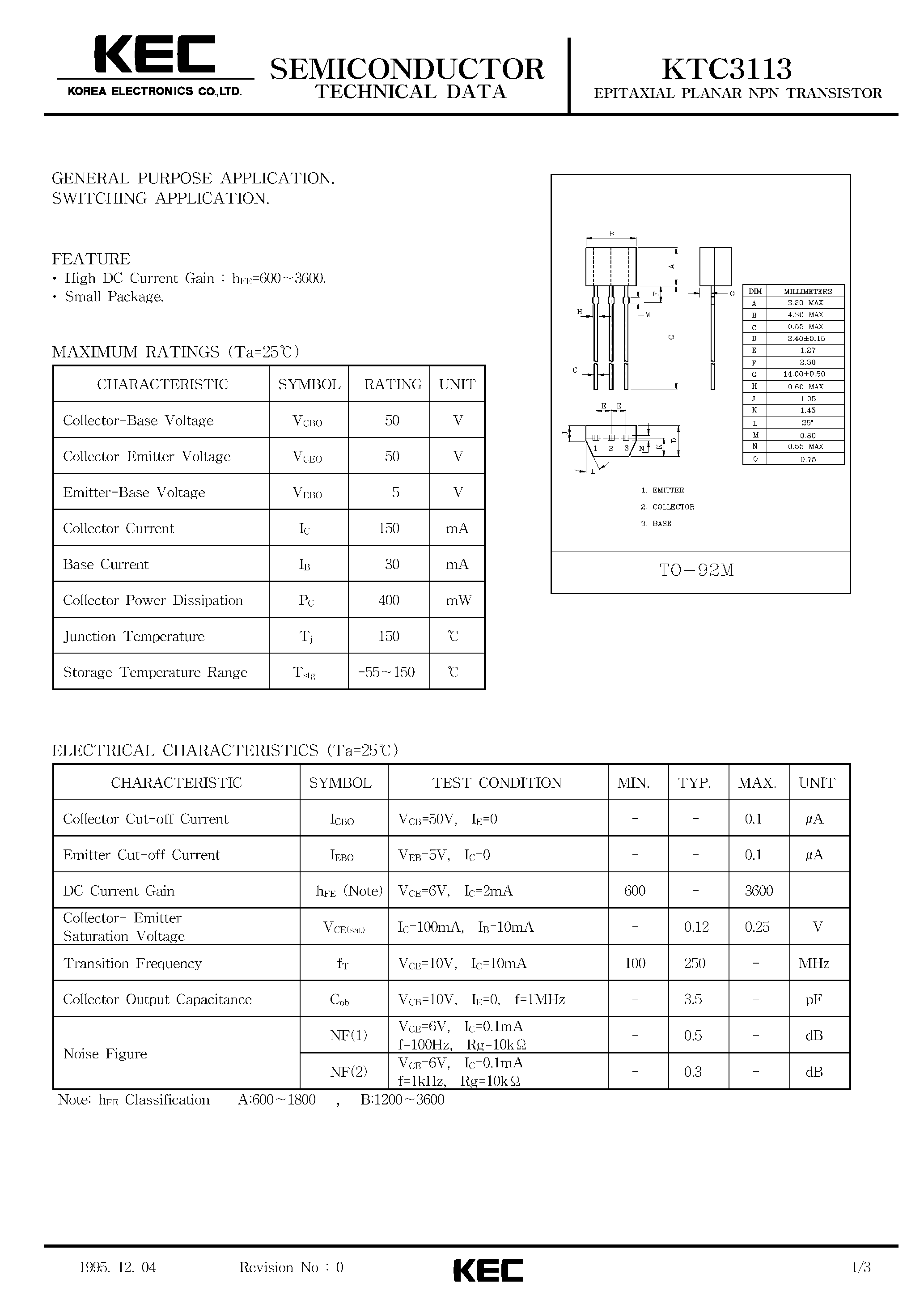 Datasheet KTC3113 - EPITAXIAL PLANAR NPN TRANSISTOR (GENERAL PURPOSE/ SWITCHING) page 1