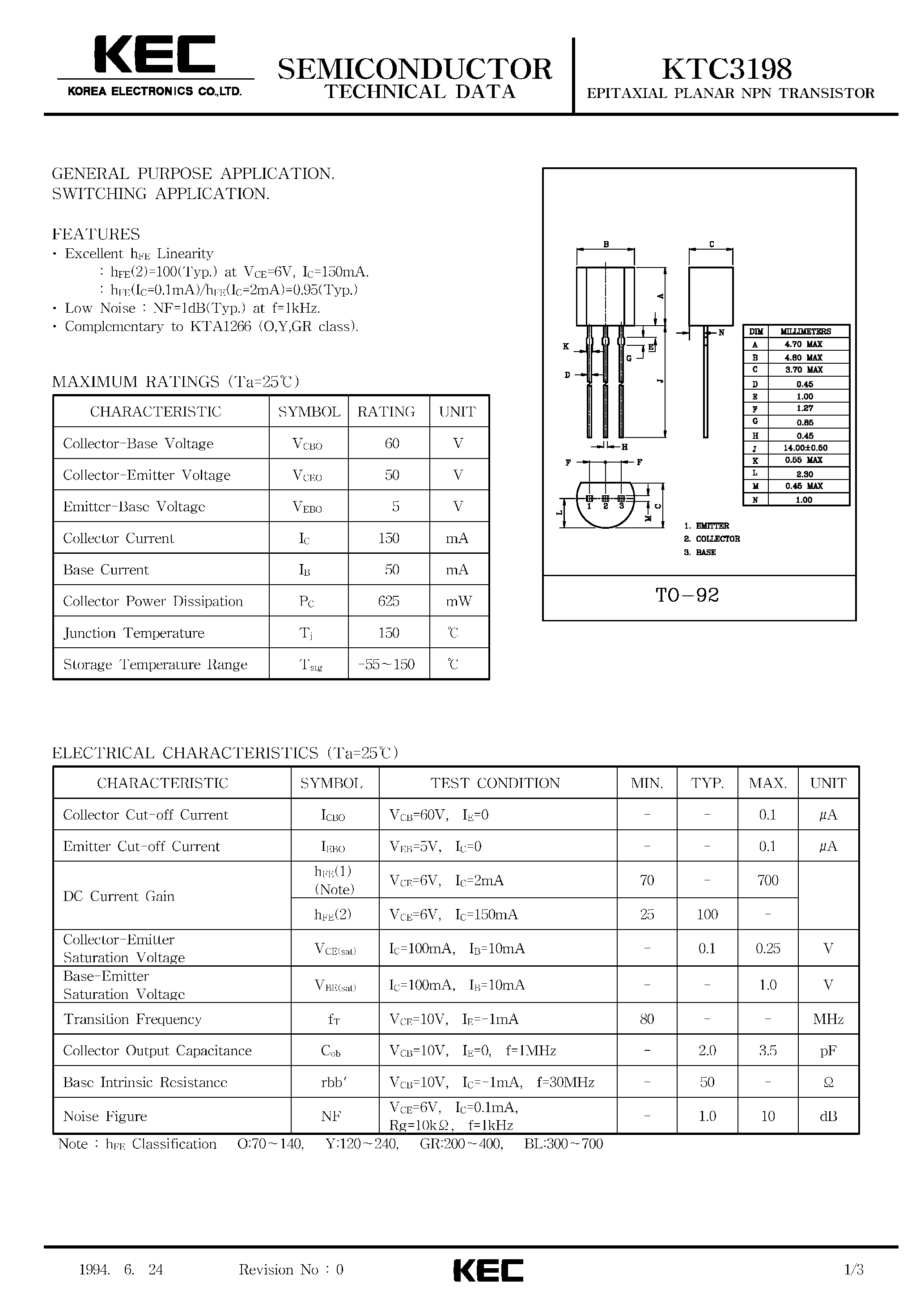 Datasheet KTC3198 page 1 Datasheet KTC3198 - EPITAXIAL PLANAR NPN TRANSISTOR (GENERAL PURPOSE/ SWITCHING) page 1