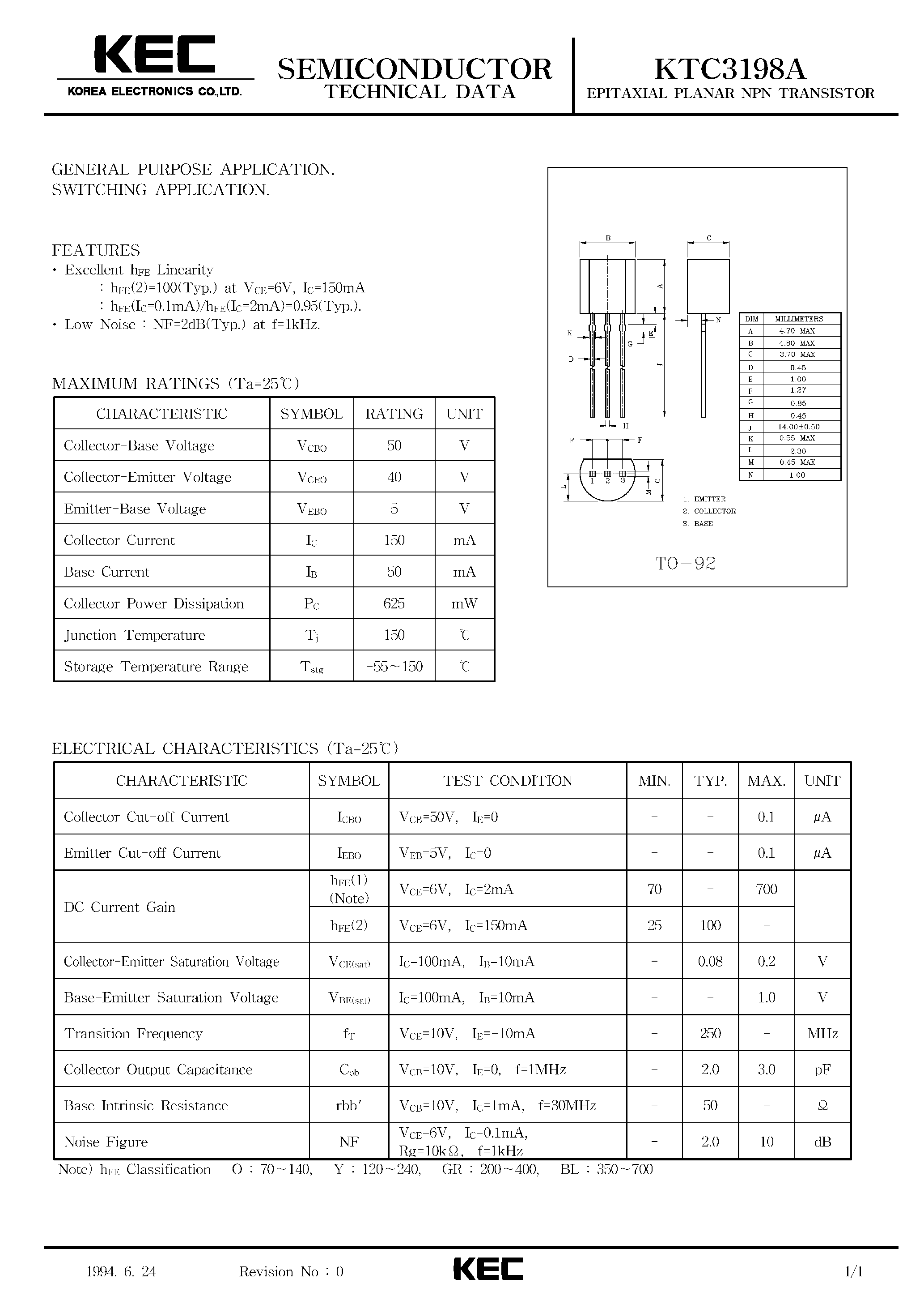Datasheet KTC3198A page 1 Datasheet KTC3198A - EPITAXIAL PLANAR NPN TRANSISTOR (GENERAL PURPOSE/ SWITCHING) page 1