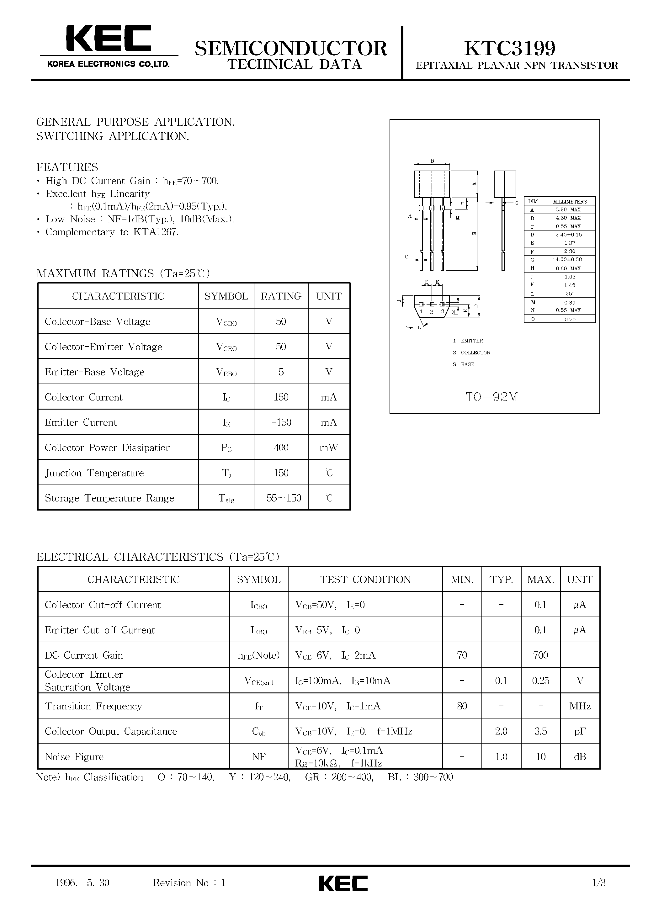 Datasheet KTC3199 page 1 Datasheet KTC3199 - EPITAXIAL PLANAR NPN TRANSISTOR (GENERAL PURPOSE/ SWITCHING) page 1