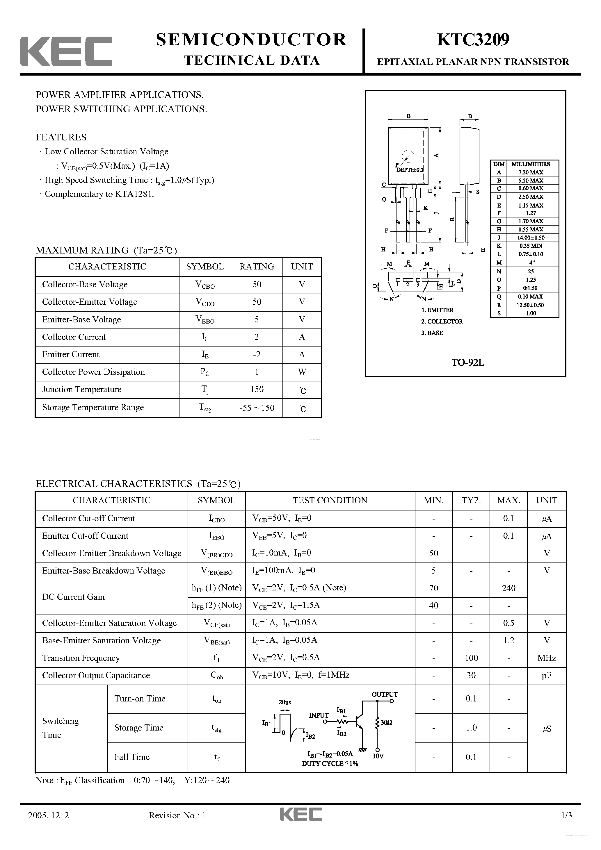 Datasheet KTC3209 - EPITAXIAL PLANAR NPN TRANSISTOR (POWER AMPLIFIER/ POWER SWITCHING) page 1