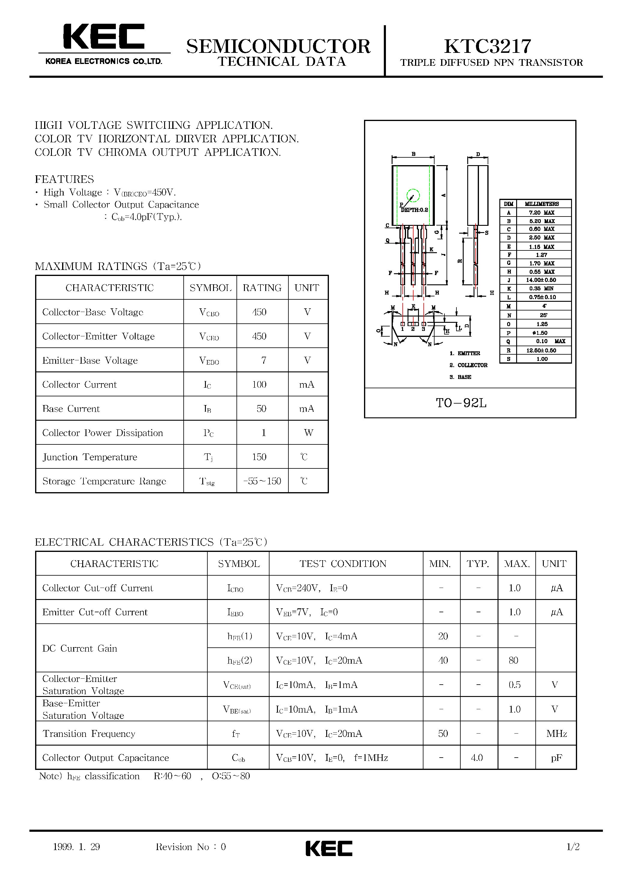 Datasheet KTC3217 page 1 Datasheet KTC3217 - TRIPLE DIFFUSED NPN TRANSISTOR (HIGH VOLTAGE SWITCHING/ COLOR TV HORIZONTAL DIRVER/ COLOR TV CHROMA OUTPUT) page 1