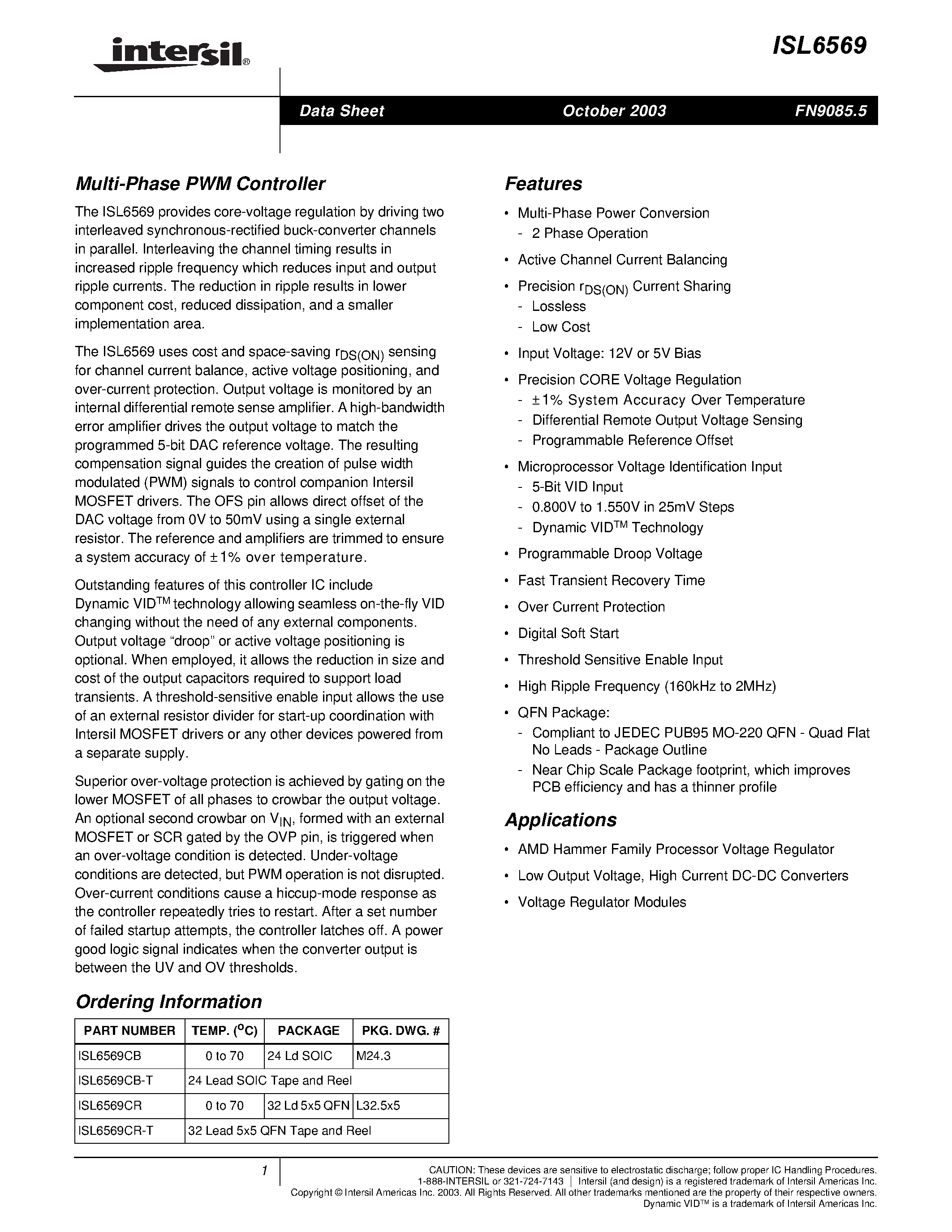 Datasheet ISL6569 page 1 Datasheet ISL6569 - Multi-Phase PWM Controller page 1