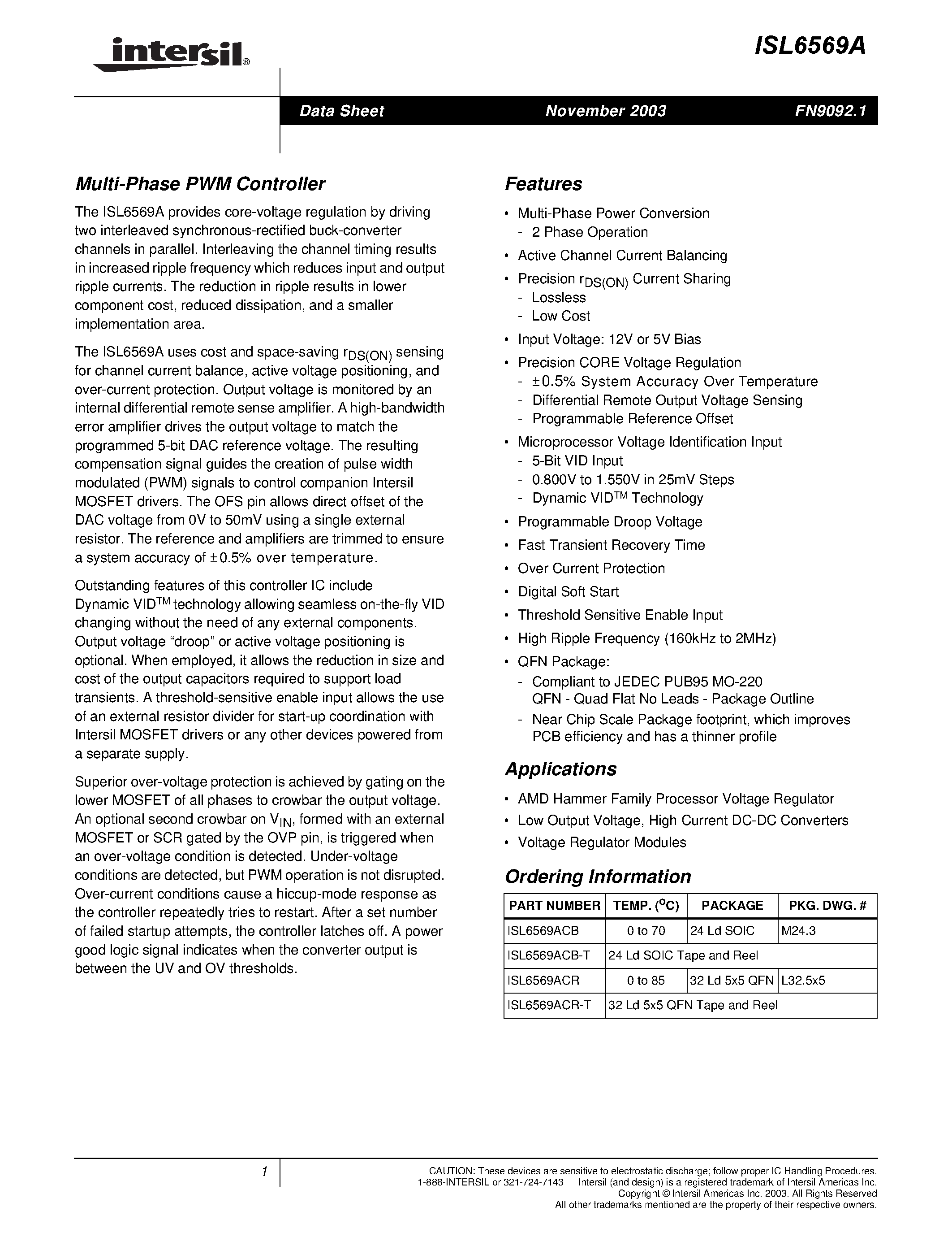 Datasheet ISL6569ACB page 1 Datasheet ISL6569ACB - Multi-Phase PWM Controller page 1