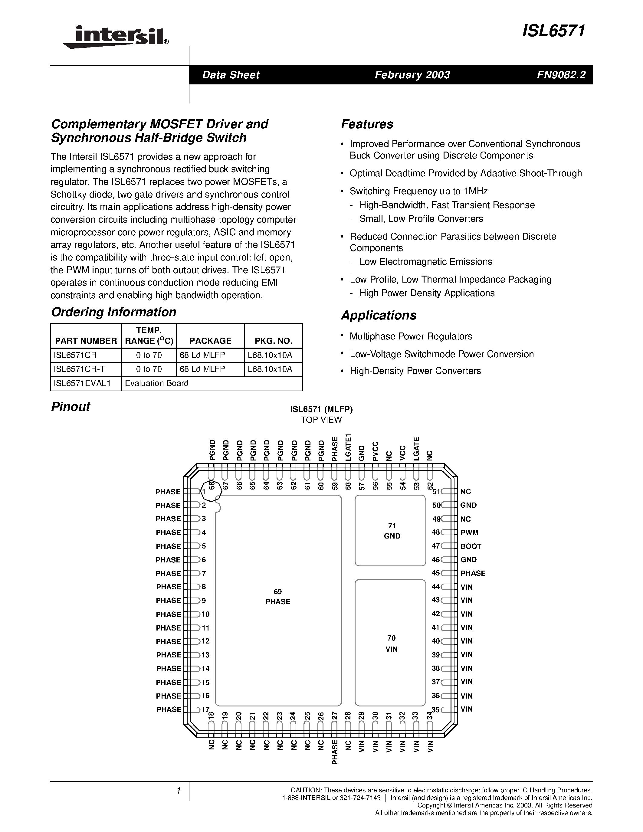 Даташит ISL6571CR-T - Complementary MOSFET Driver and Synchronous Half-Bridge Switch страница 1