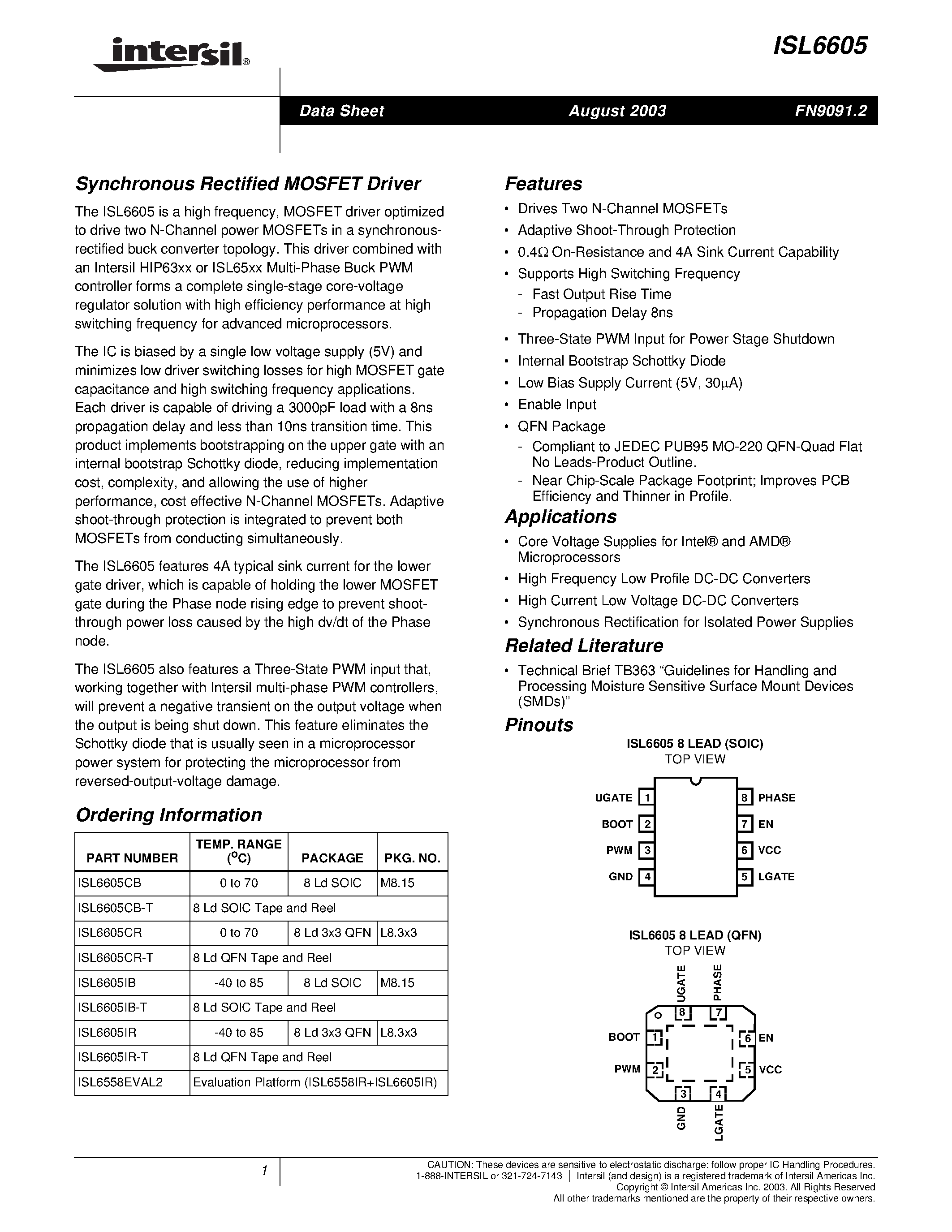 Даташит ISL6605CR-T - Synchronous Rectified MOSFET Driver страница 1