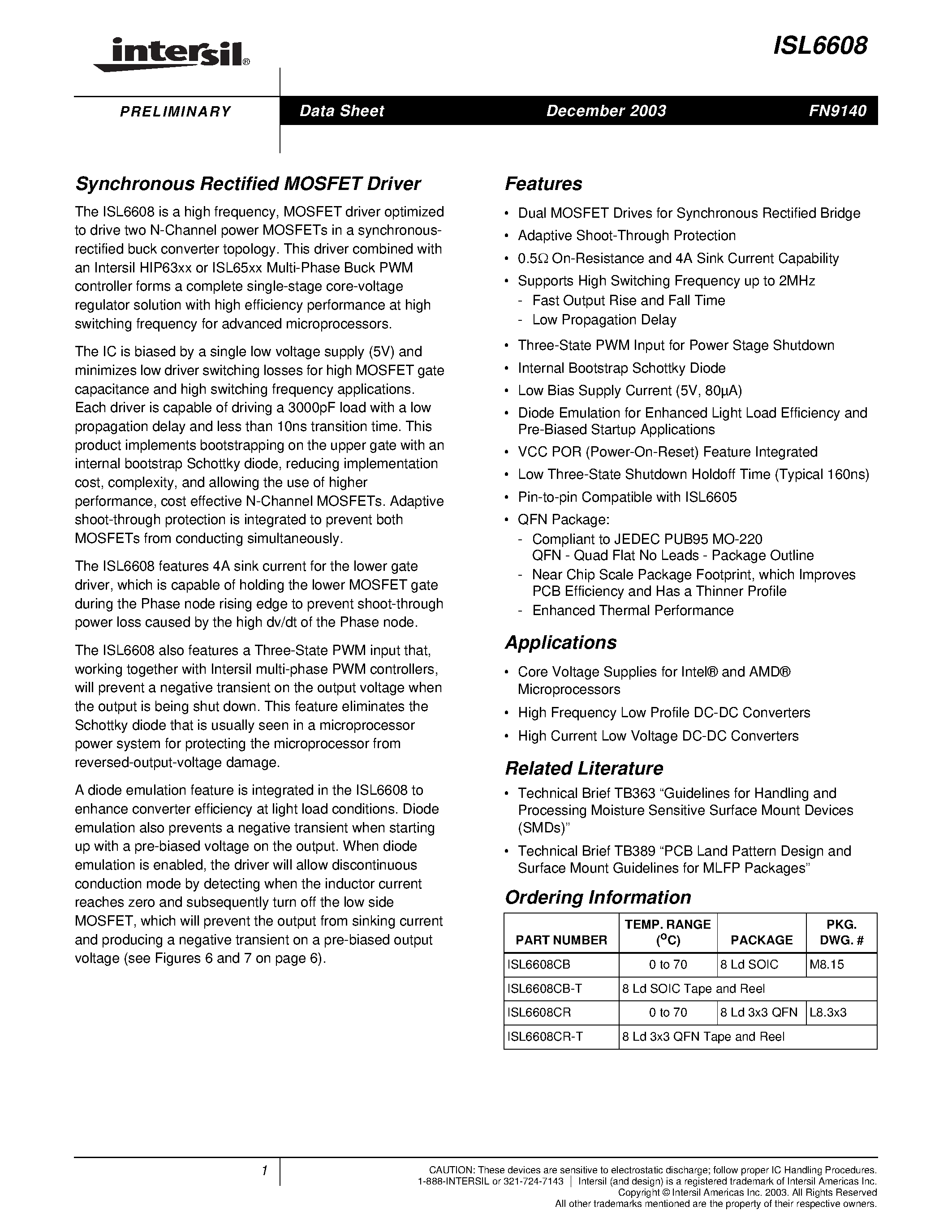 Datasheet ISL6608 - Synchronous Rectified MOSFET Driver page 1