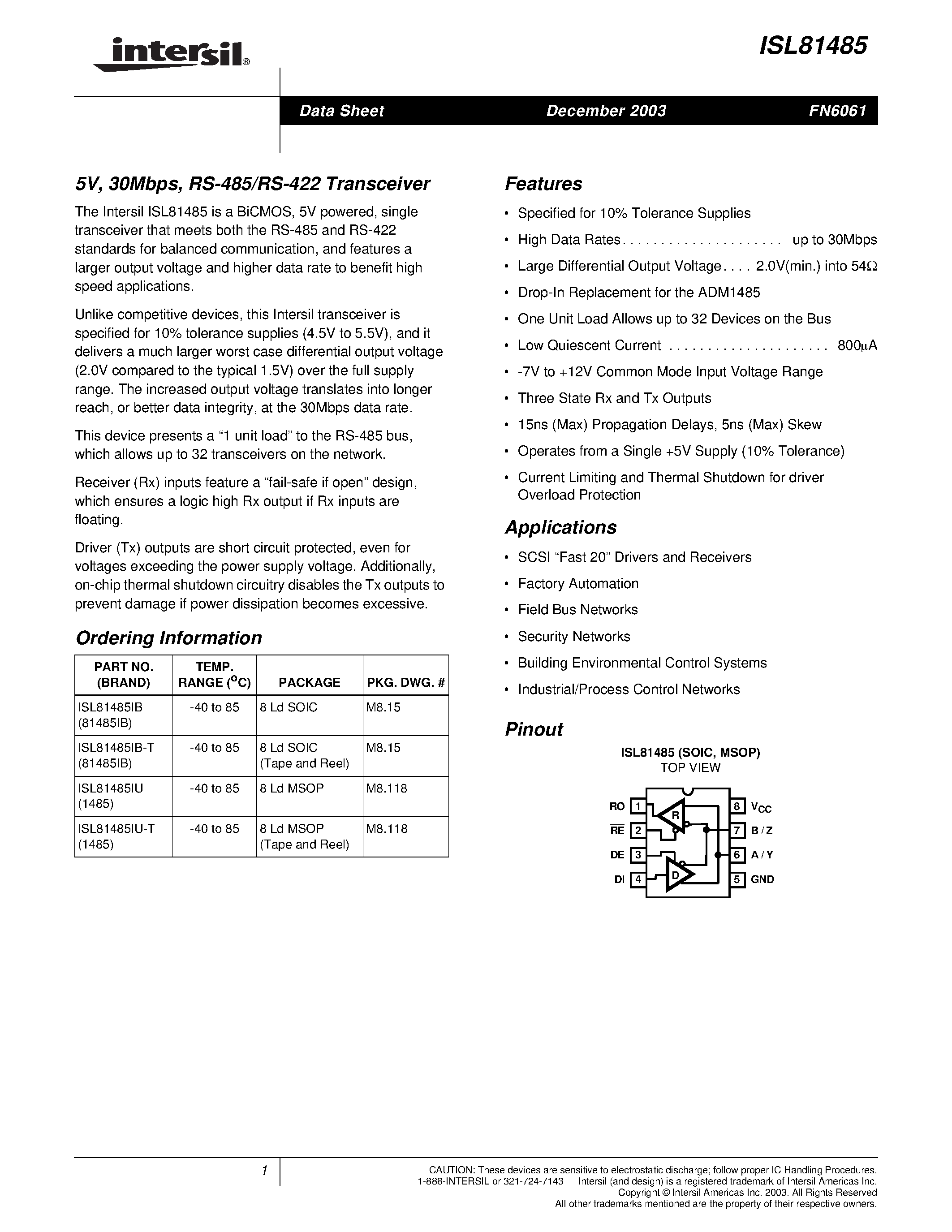 Datasheet ISL81485IB page 1 Datasheet ISL81485IB - 5V/ 30Mbps/ RS-485/RS-422 Transceiver page 1