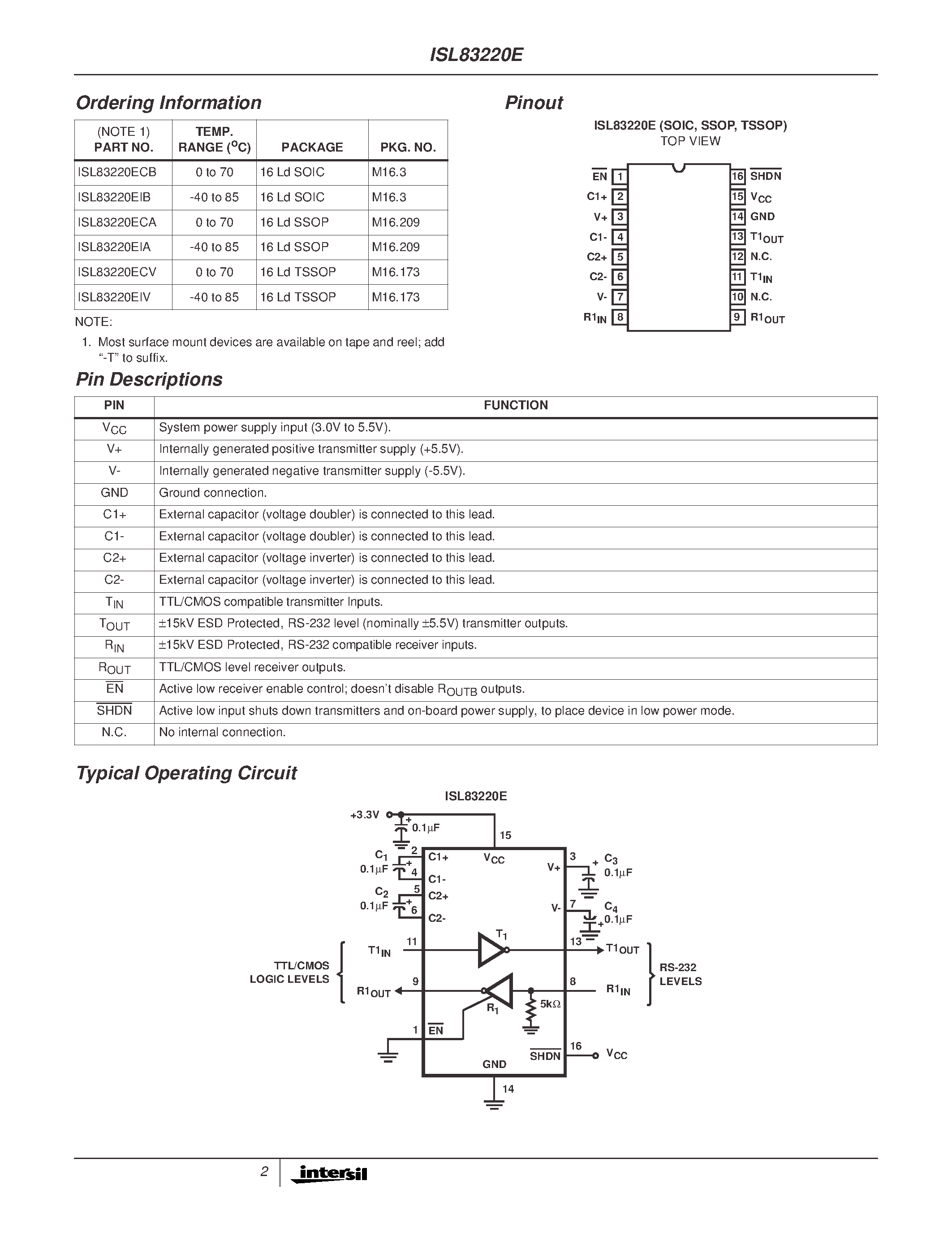 Даташит ISL83220EIA - +/-15kV ESD Protected/ +3V to +5.5V/ 1Microamp/ 250kbps/ RS-232 Transmitters/Receivers страница 2