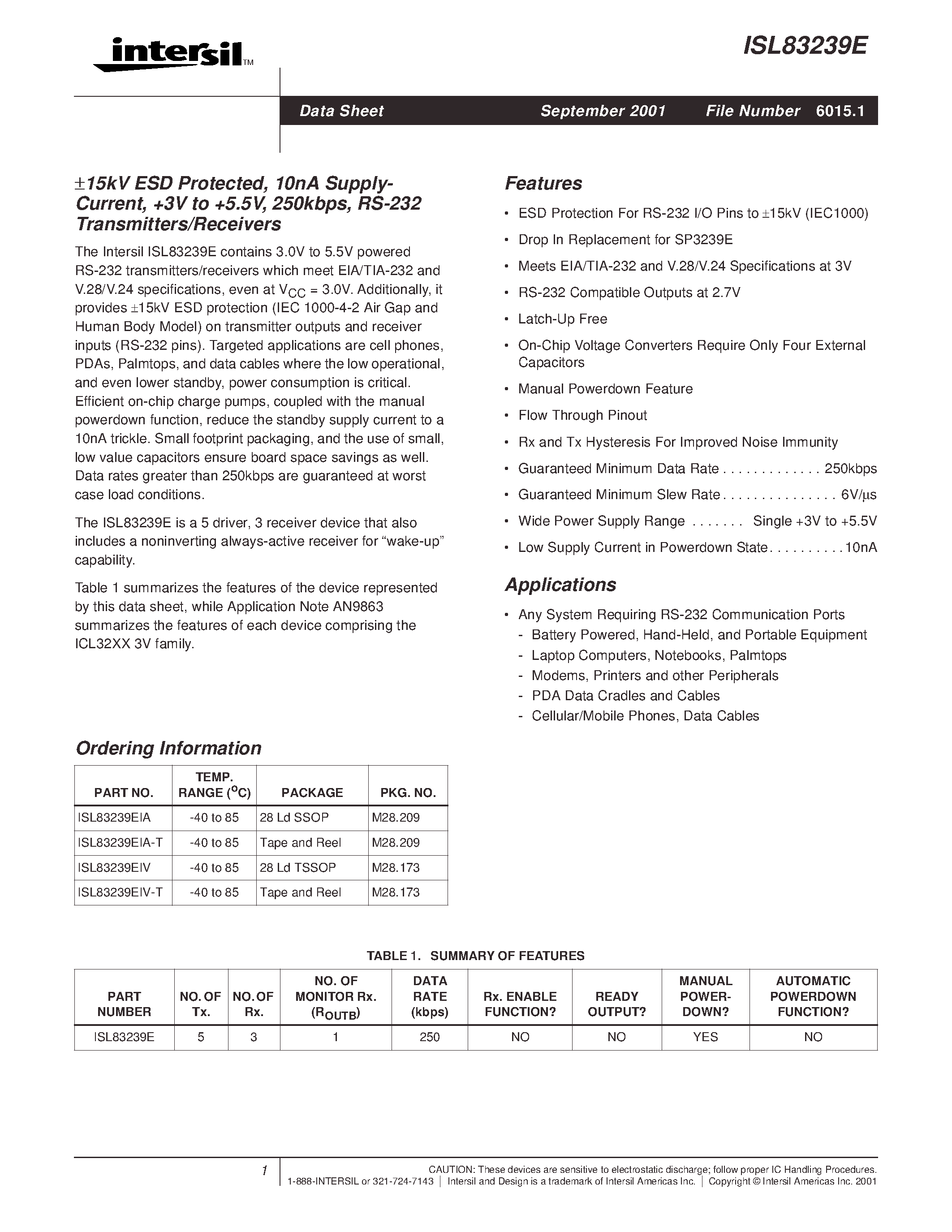 Даташит ISL83239EIV-T - 15kV ESD Protected/ 10nA Supply- Current/ 3V to +5.5V/ 250kbps/ RS-232 Transmitters/Receivers страница 1
