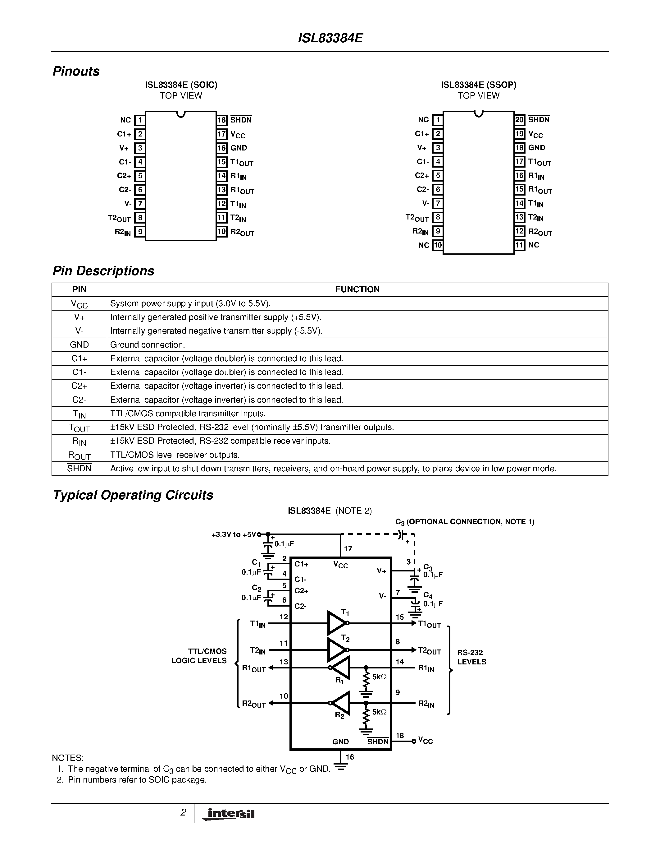 Datasheet ISL83384ECB-T page 2 Datasheet ISL83384ECB-T - 15kV ESD Protected/ +3V to +5.5V/ 1 Microamp/ 250Kbps/ RS-232 Transmitter/Receiver page 2