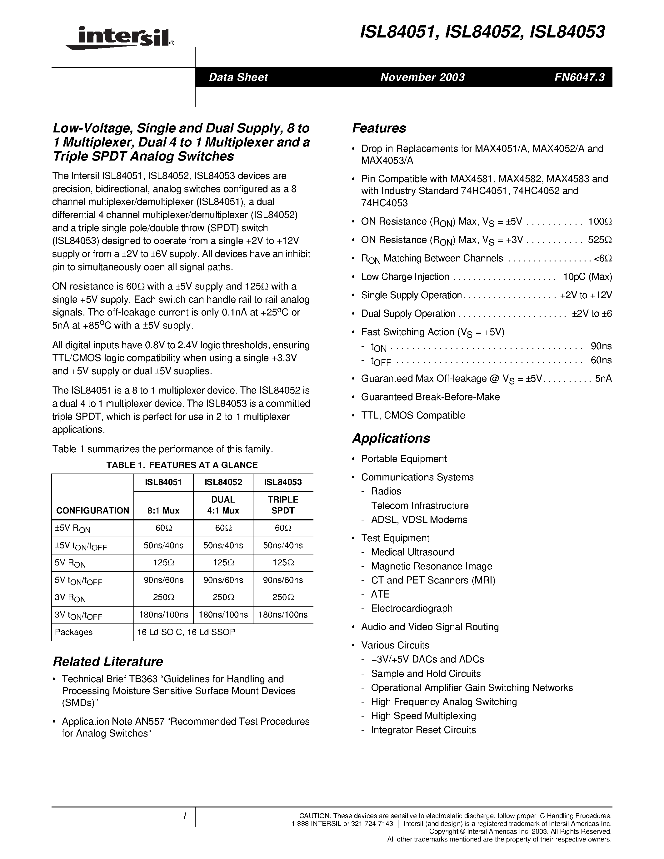 Datasheet ISL84053IA - Low-Voltage/ Single and Dual Supply/ 8 to 1 Multiplexer/ Dual 4 to 1 Multiplexer and a Triple SPDT Analog Switches page 1