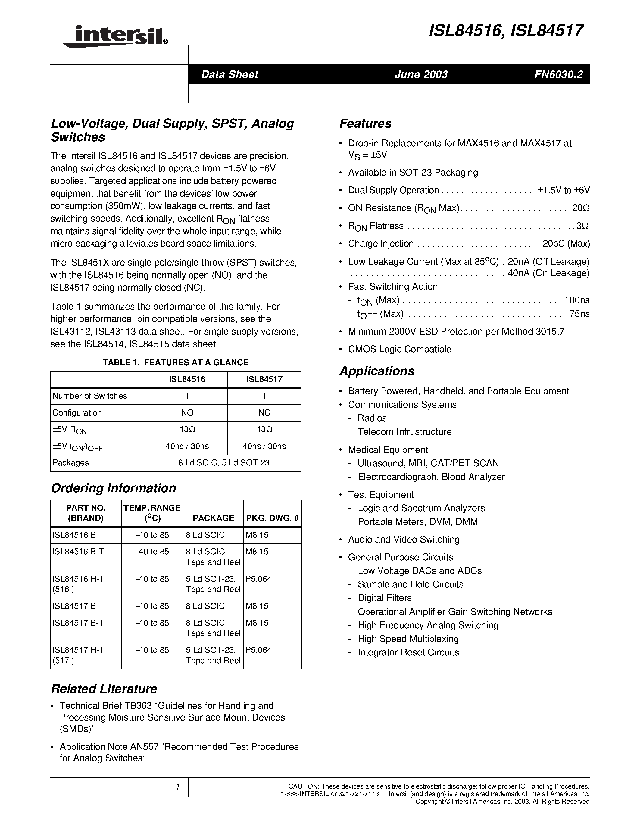 Datasheet ISL84516IB - Low-Voltage/ Dual Supply/ SPST/ Analog Switches page 1