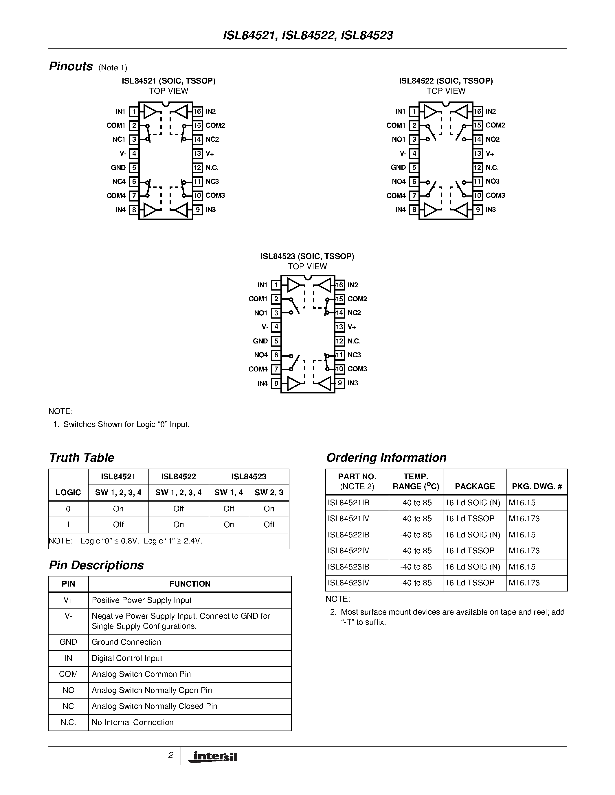Datasheet ISL84521IB page 2 Datasheet ISL84521IB - Low-Voltage/ Single and Dual Supply/ Quad SPST/ Analog Switches page 2