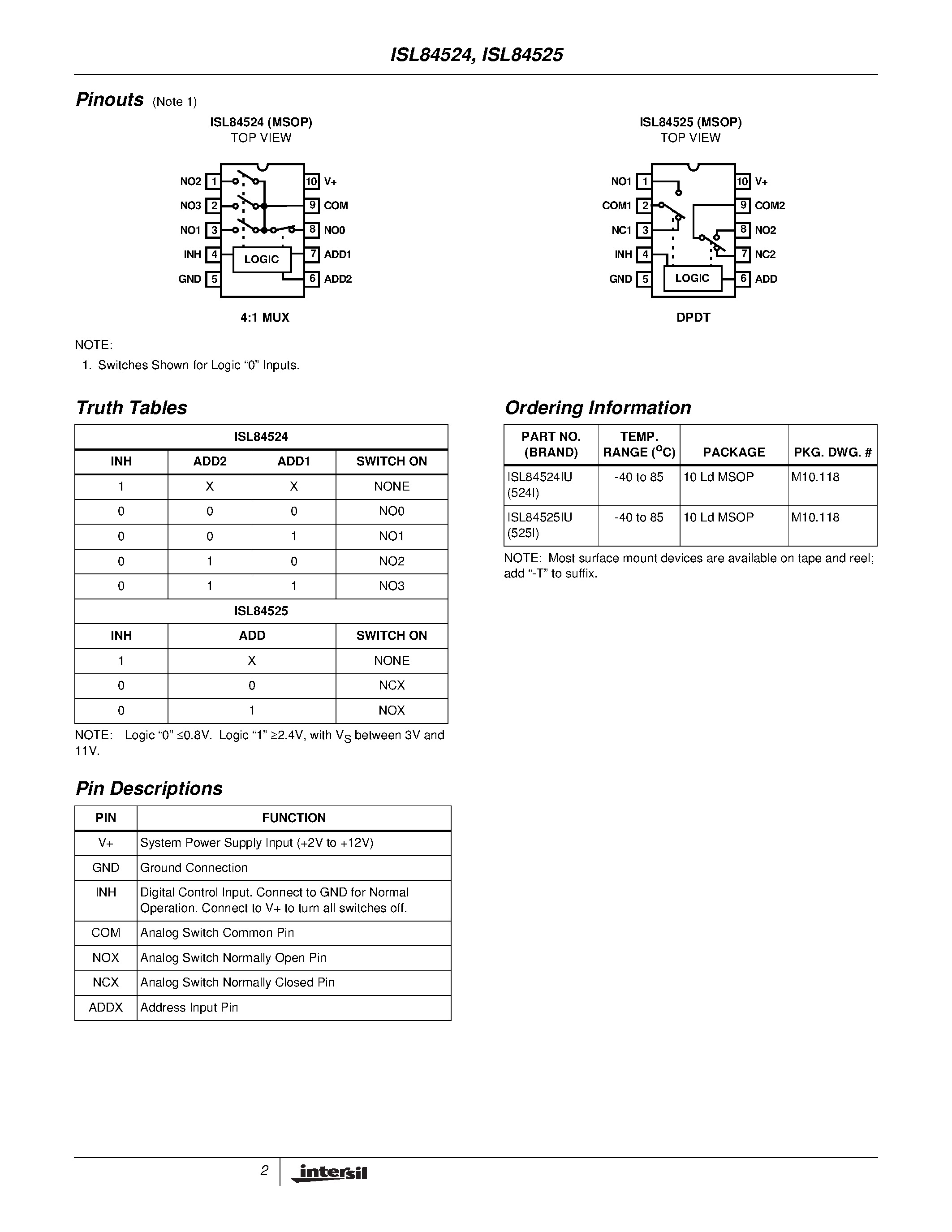 Даташит ISL84524 - Low-Voltage/ Single Supply/ 4 to 1 Multiplexer and DPDT Analog Switches страница 2
