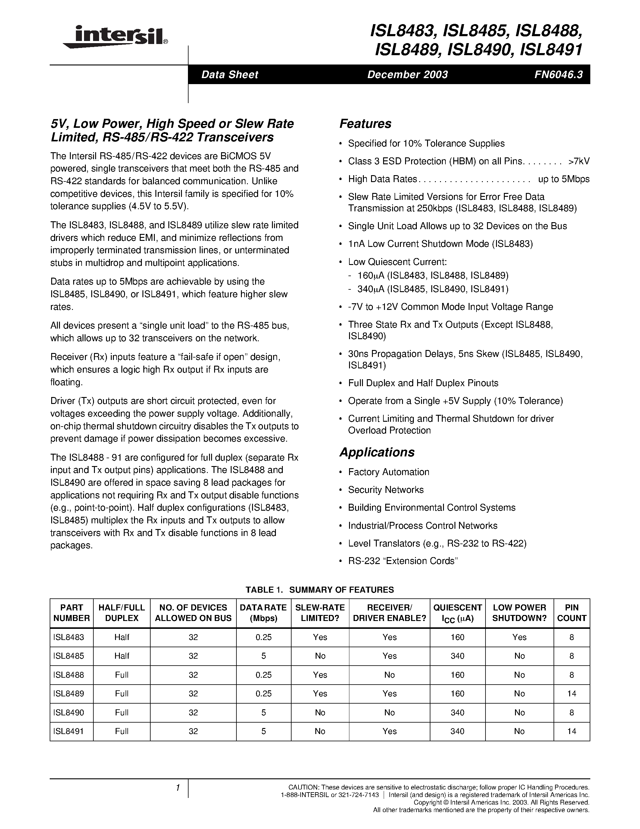 Datasheet ISL8483 page 1 Datasheet ISL8483 - 5V/ Low Power/ High Speed or Slew Rate Limited/ RS-485/RS-422 Transceivers page 1