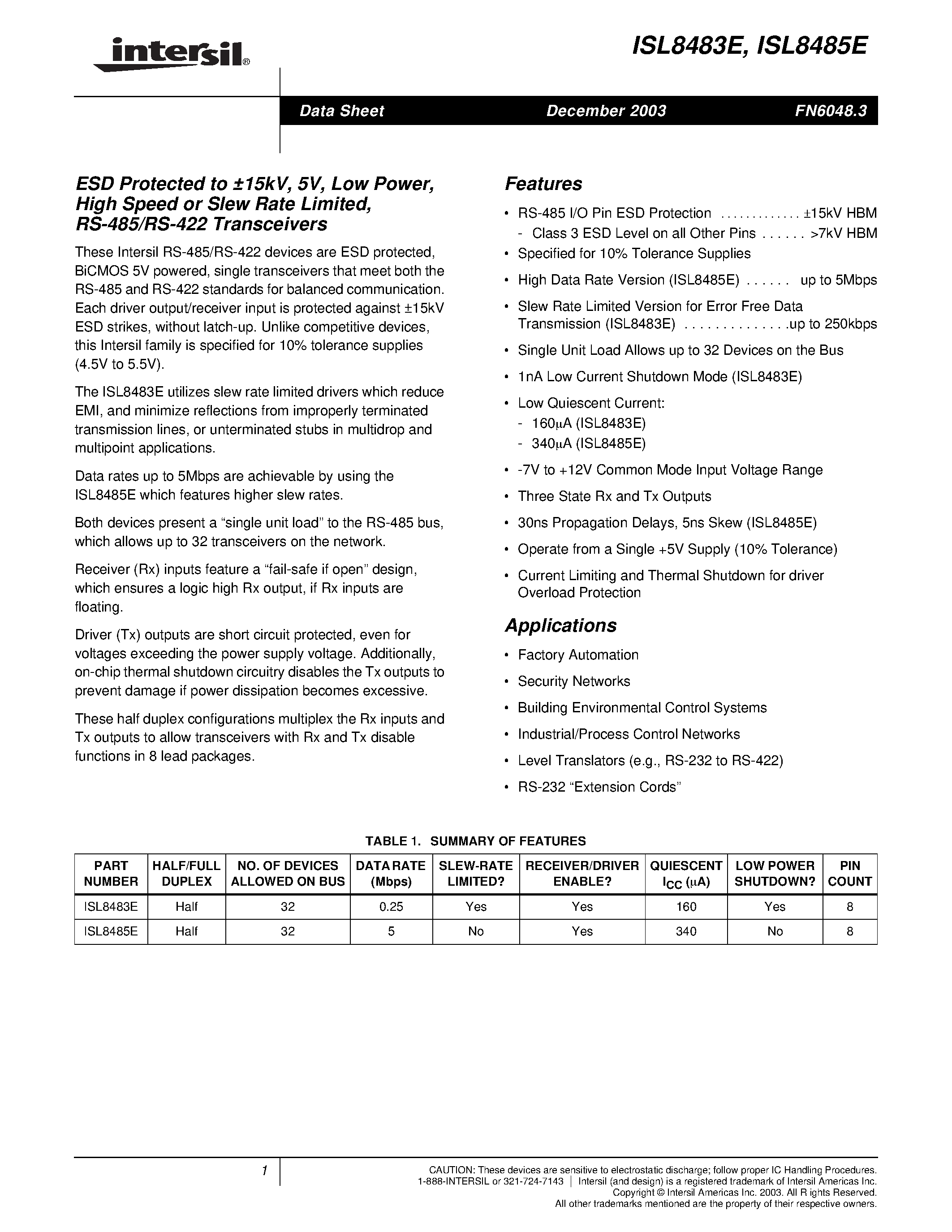 Datasheet ISL8485ECP page 1 Datasheet ISL8485ECP - ESD Protected to 15kV/ 5V/ Low Power/ High Speed or Slew Rate Limited/ RS-485/RS-422 Transceivers page 1