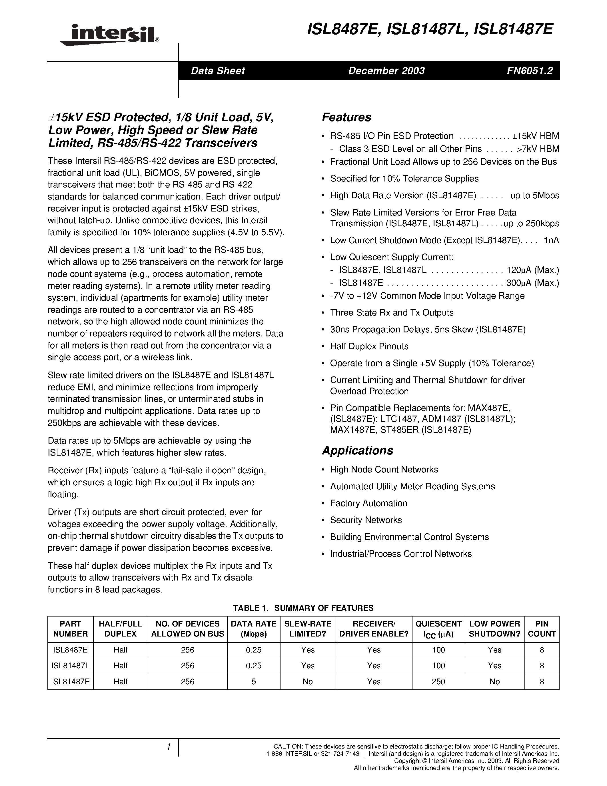 Datasheet ISL8487E page 1 Datasheet ISL8487E - 15kV ESD Protected/ 1/8 Unit Load/ 5V/ Low Power/ High Speed or Slew Rate Limited/ RS-485/RS-422 Transceivers page 1
