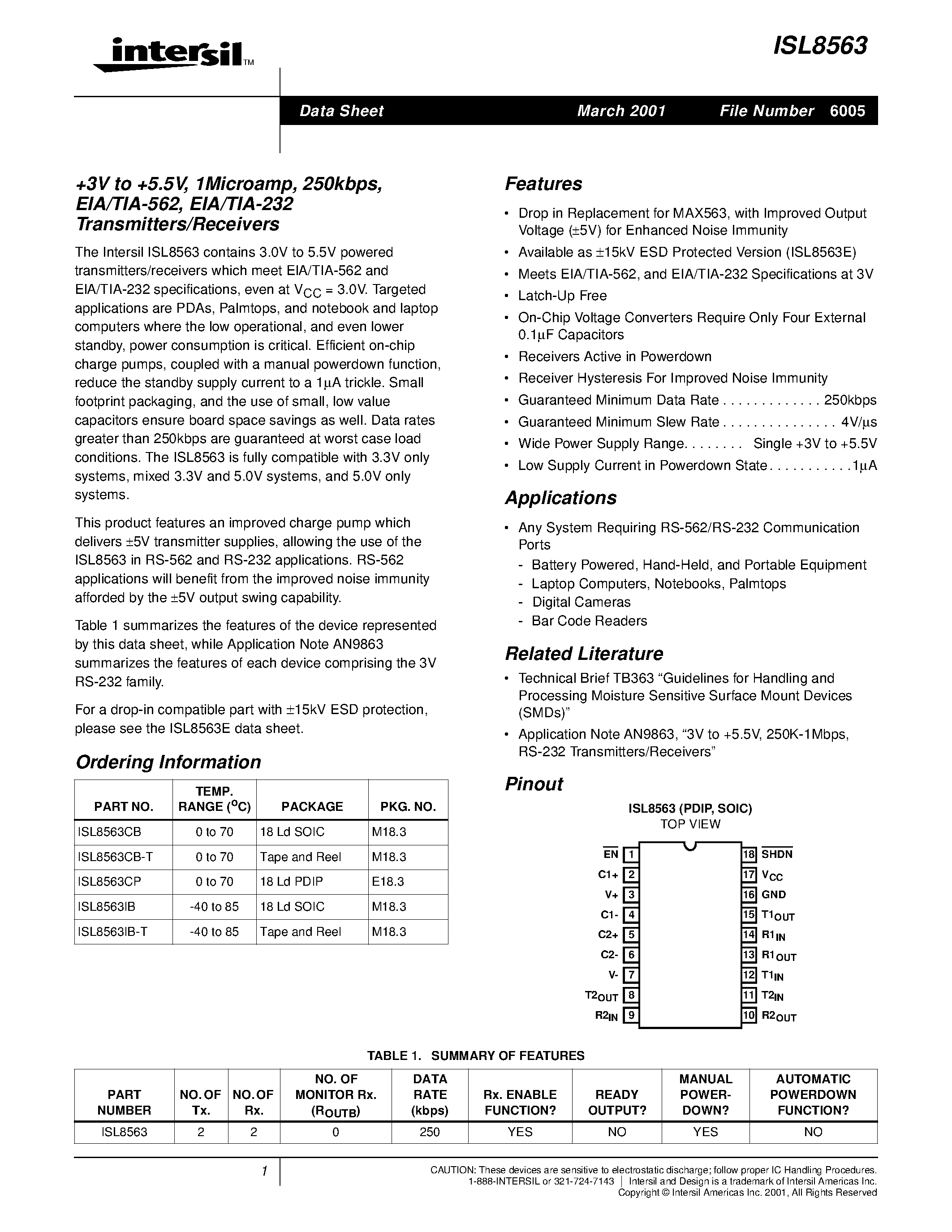 Даташит ISL8563 - +3V to +5.5V/ 1Microamp/ 250kbps/ EIA/TIA-562/ EIA/TIA-232 Transmitters/Receivers страница 1
