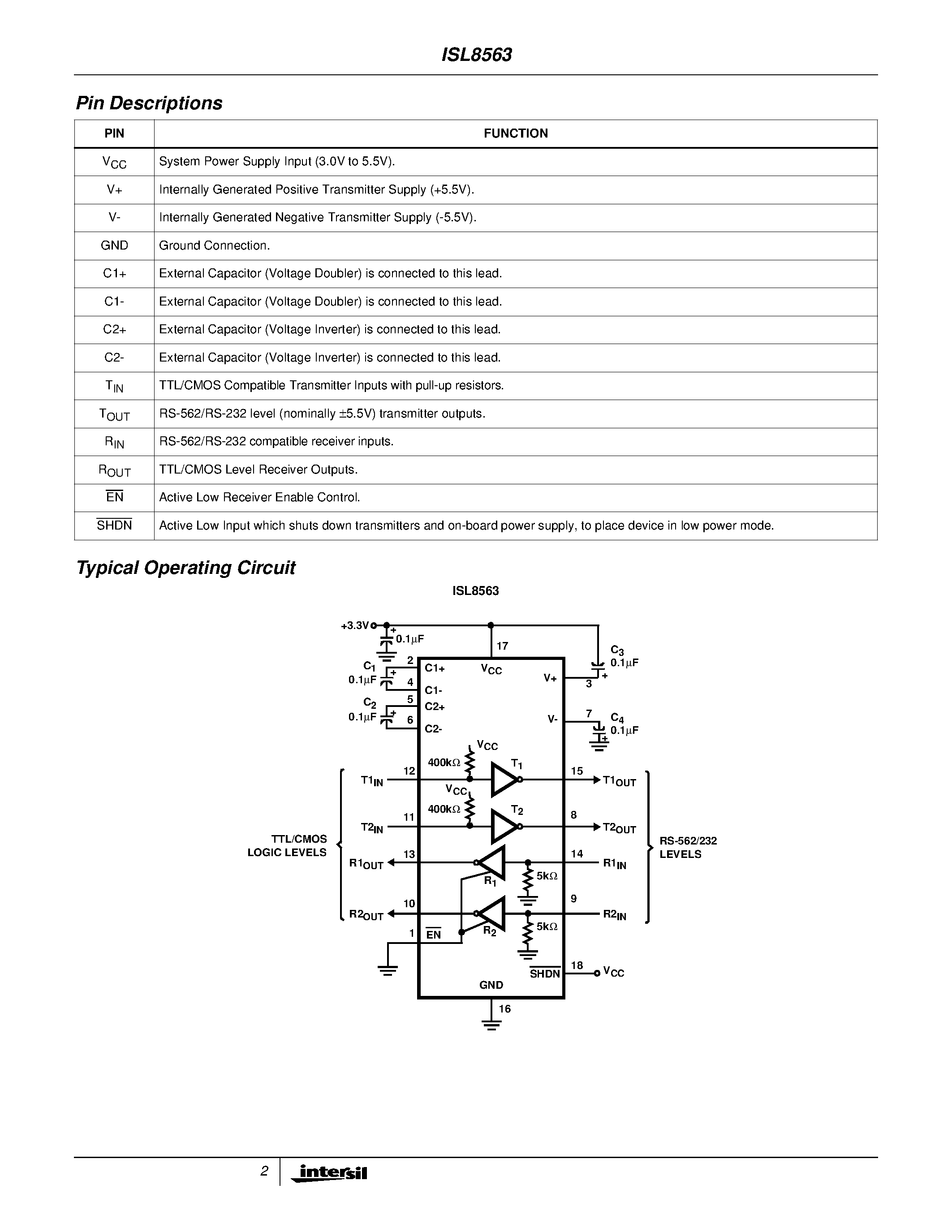 Даташит ISL8563 - +3V to +5.5V/ 1Microamp/ 250kbps/ EIA/TIA-562/ EIA/TIA-232 Transmitters/Receivers страница 2