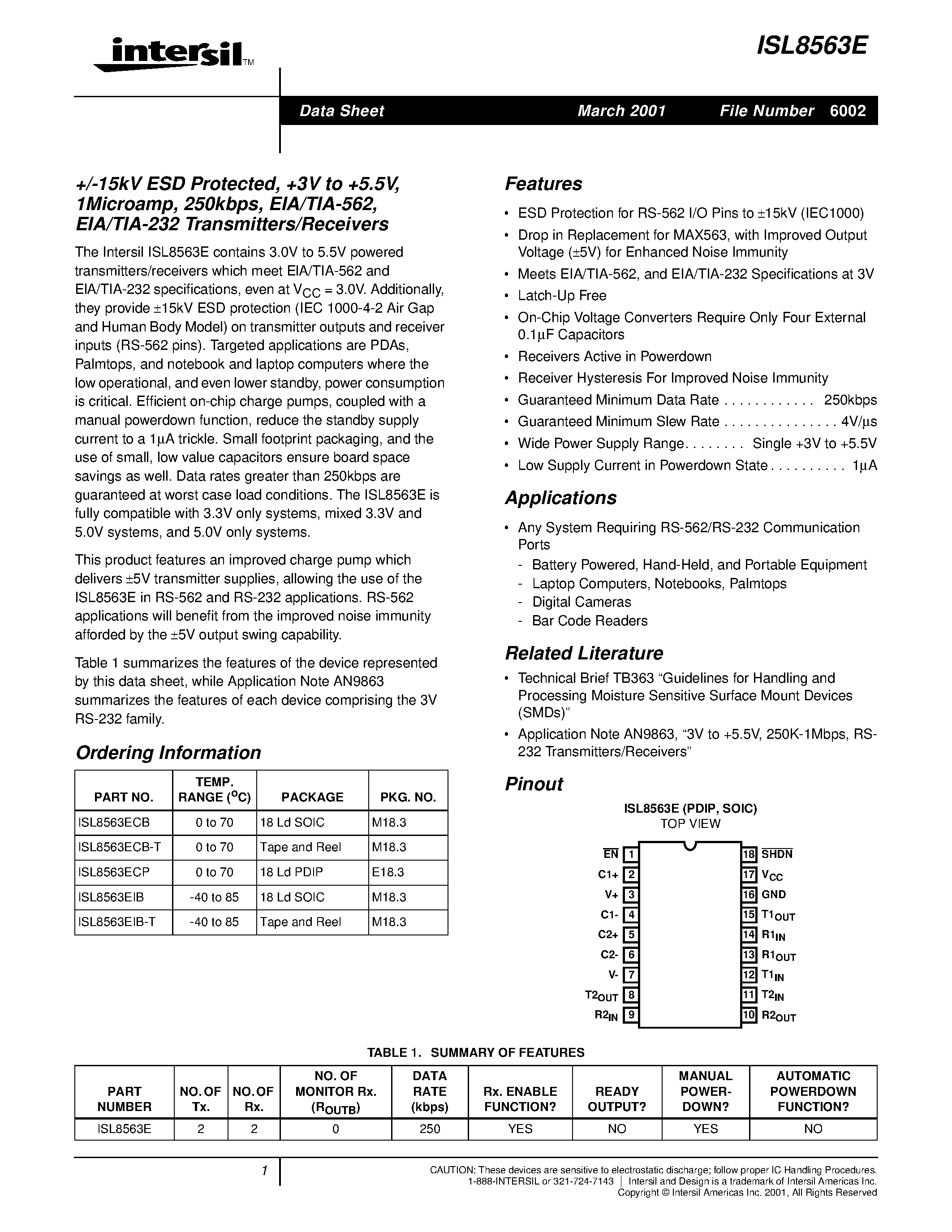 Даташит ISL8563E - +/-15kV ESD Protected/ +3V to +5.5V/ 1Microamp/ 250kbps/ EIA/TIA-562/ EIA/TIA-232 Transmitters/Receivers страница 1