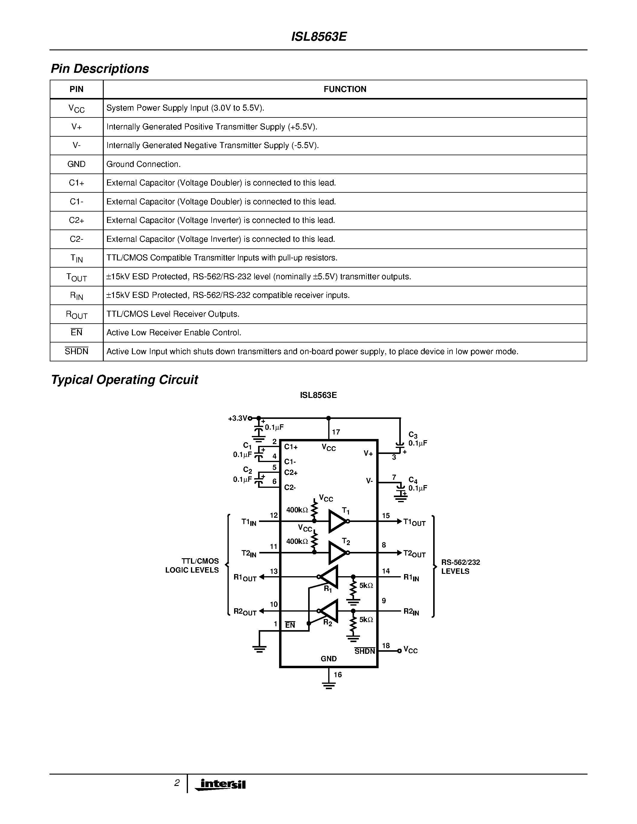 Даташит ISL8563E - +/-15kV ESD Protected/ +3V to +5.5V/ 1Microamp/ 250kbps/ EIA/TIA-562/ EIA/TIA-232 Transmitters/Receivers страница 2