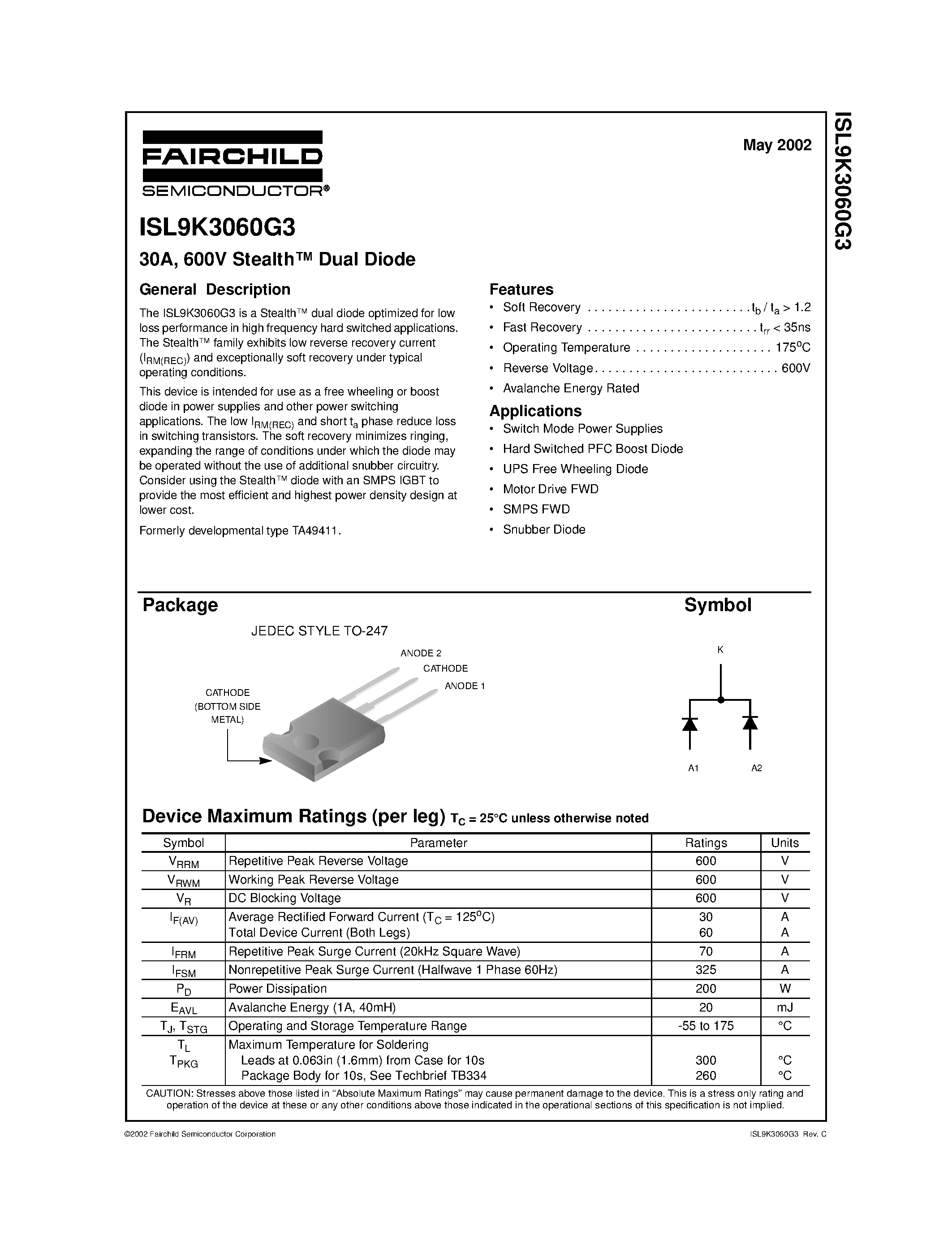 Даташит на микросхему ISL9K3060G3 страница 1 Даташит ISL9K3060G3 - 30A/ 600V Stealth Dual Diode страница 1