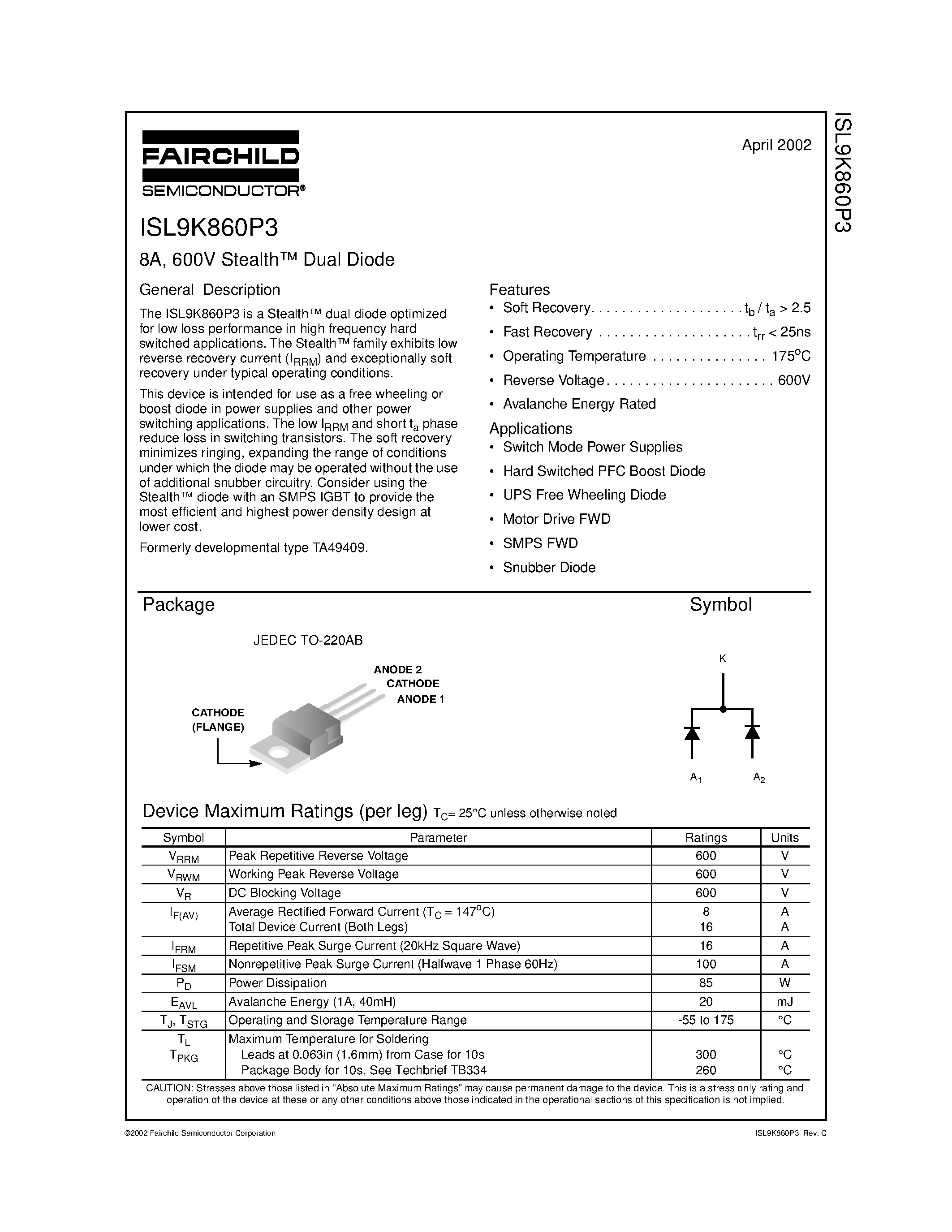 Даташит ISL9K860P3 - 8A/ 600V Stealth Dual Diode страница 1