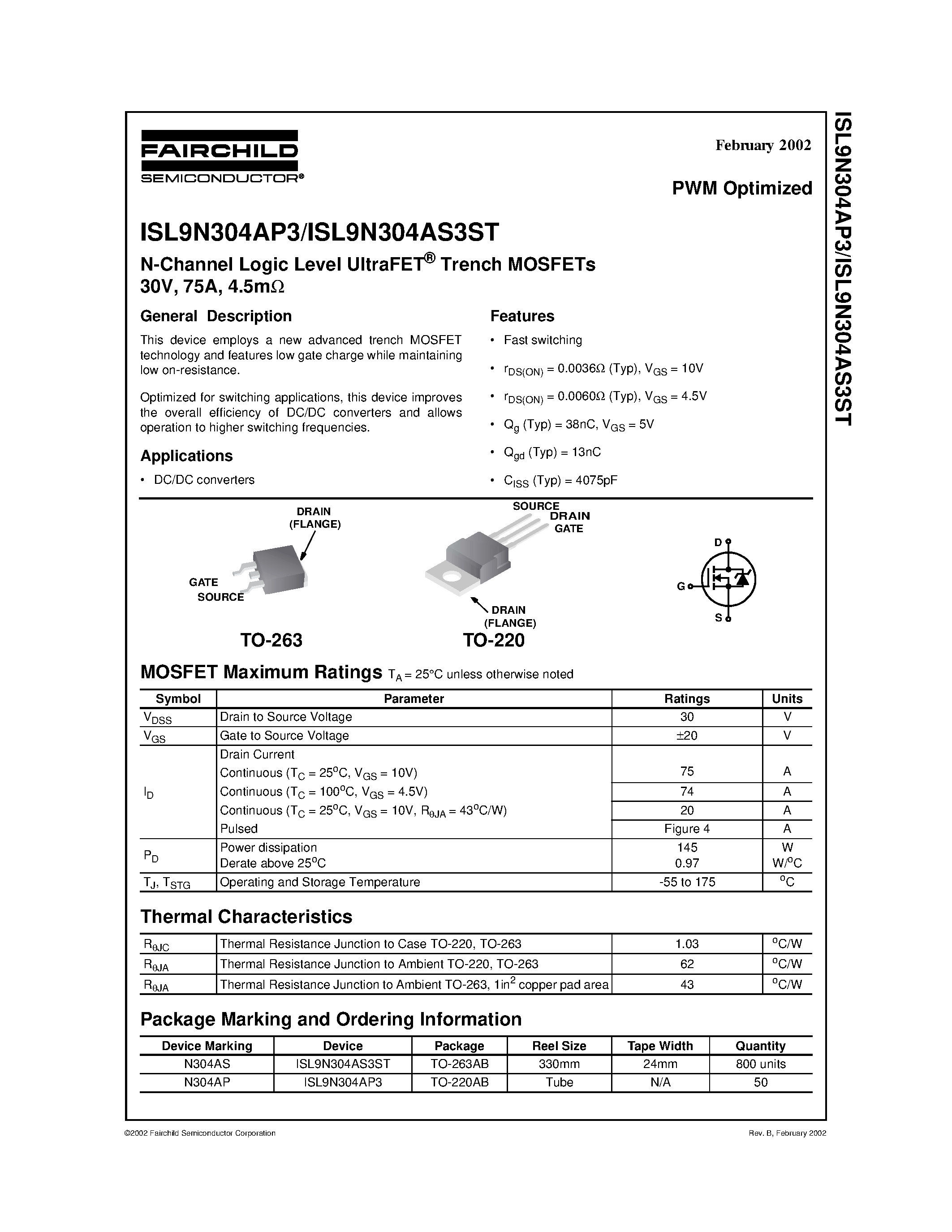 Даташит ISL9N304AS3ST - N-Channel Logic Level UltraFET Trench MOSFETs 30V/ 75A/ 4.5m страница 1