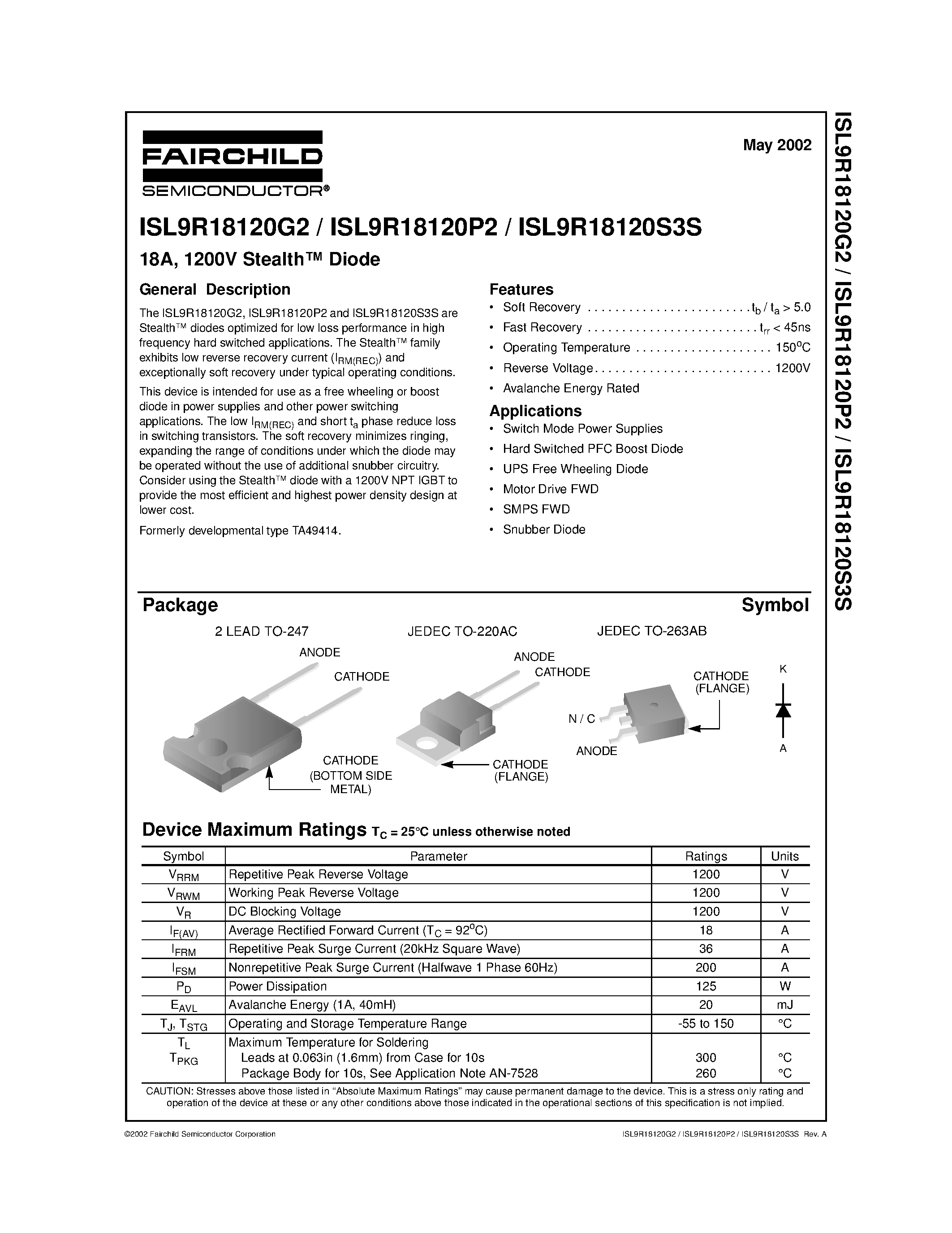 Даташит ISL9R18120S3S - 18A/ 1200V Stealth Diode страница 1