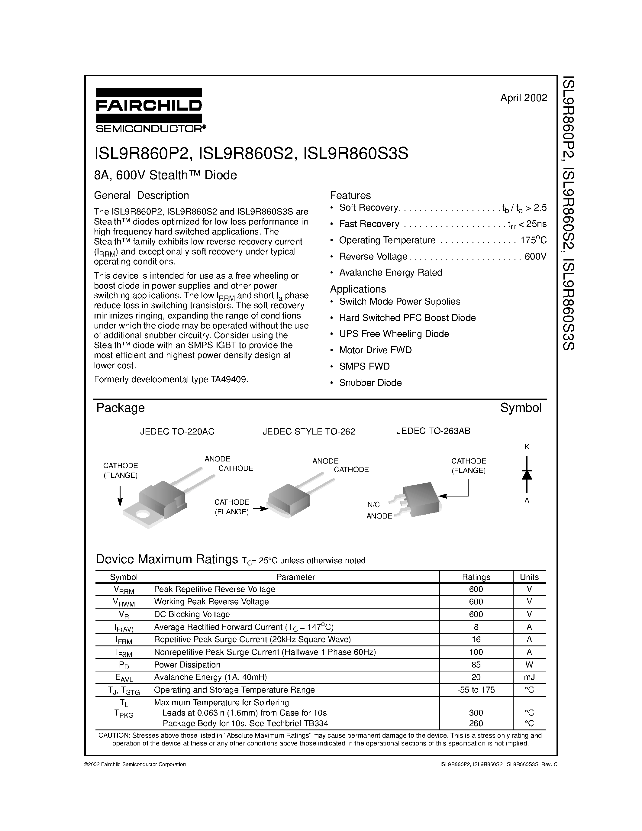 Даташит ISL9R860S3S - 8A/ 600V Stealth Diode страница 1