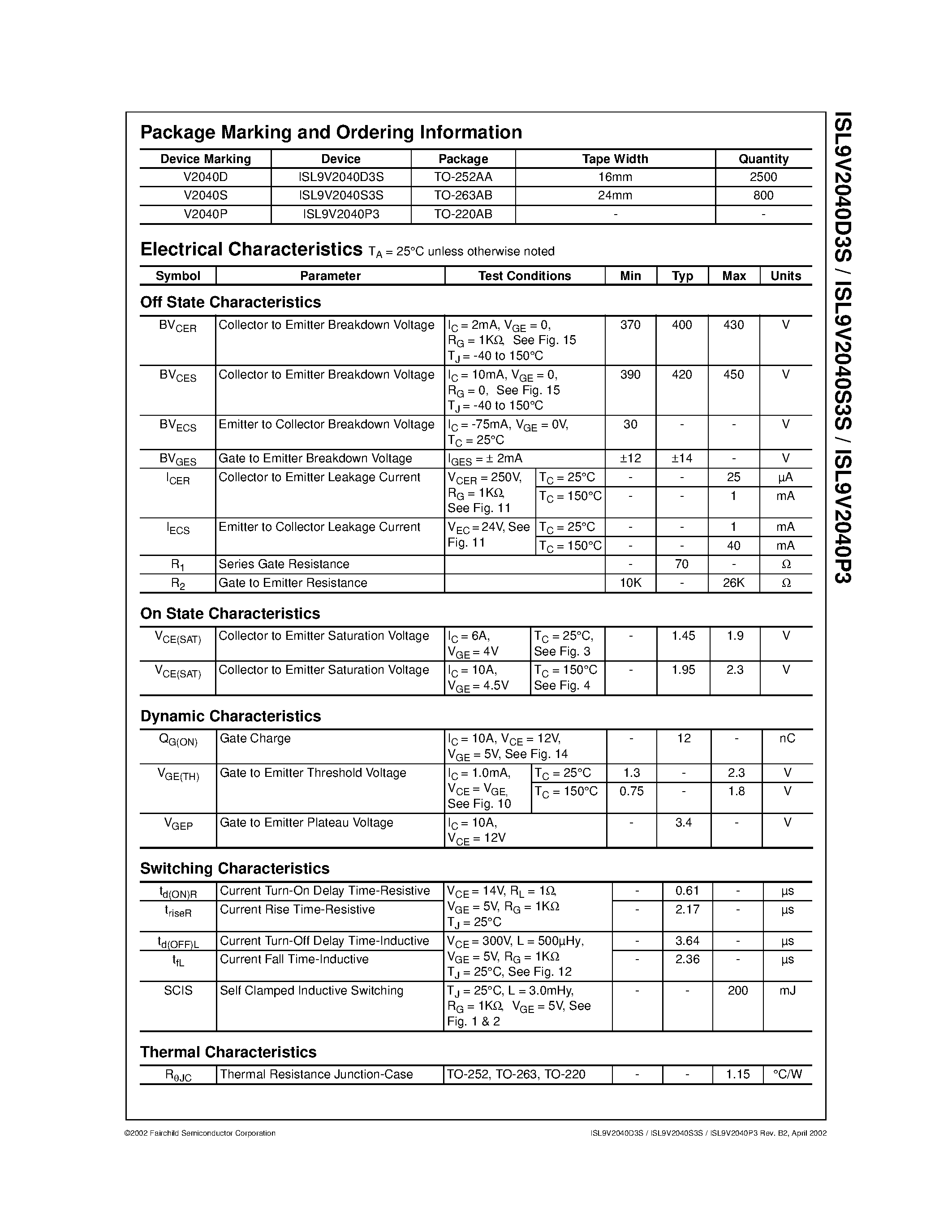 Datasheet ISL9V2040S3S page 2 Datasheet ISL9V2040S3S - EcoSPARKTM 200mJ/ 400V/ N-Channel Ignition IGBT page 2