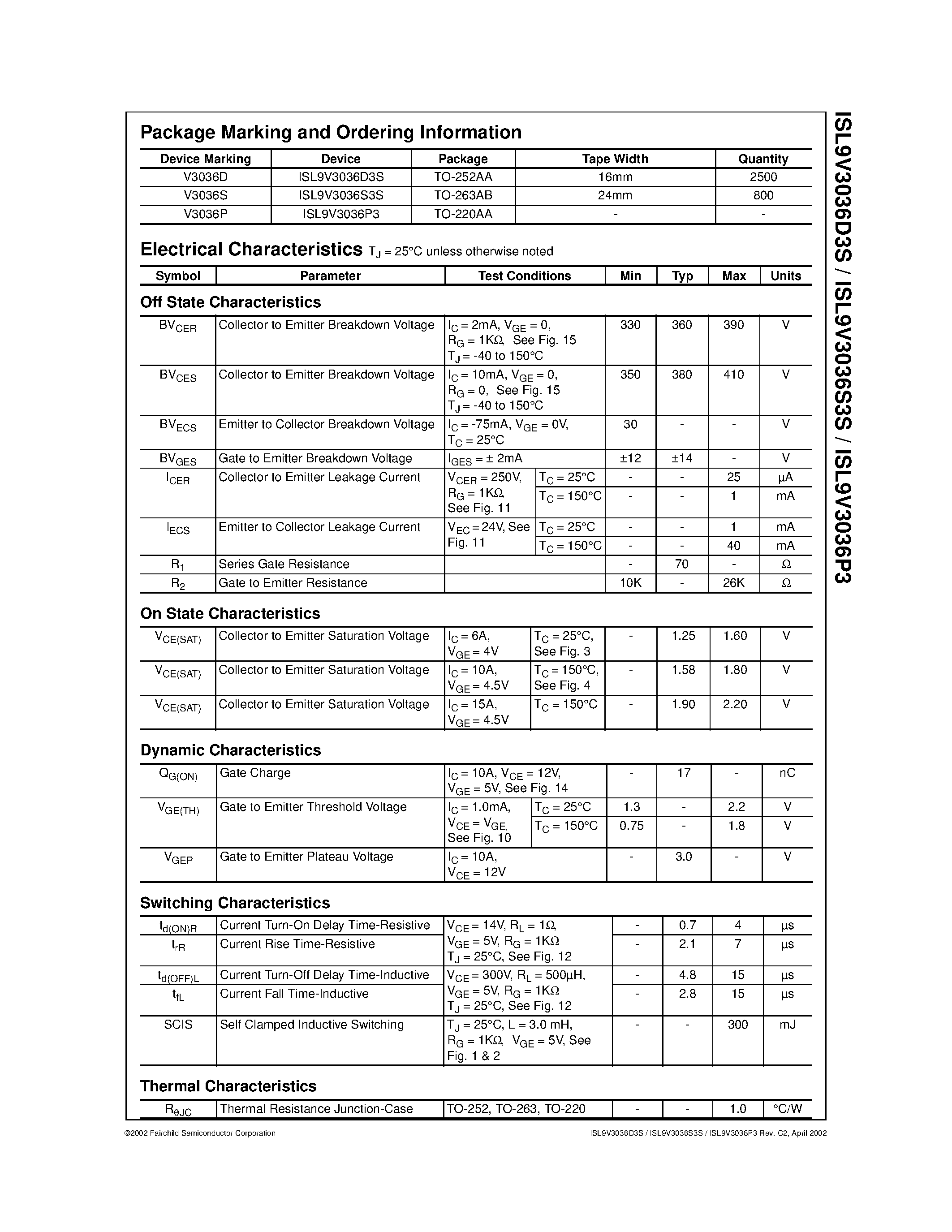 Datasheet ISL9V3036D3S page 2 Datasheet ISL9V3036D3S - EcoSPARKTM 300mJ/ 360V/ N-Channel Ignition IGBT page 2