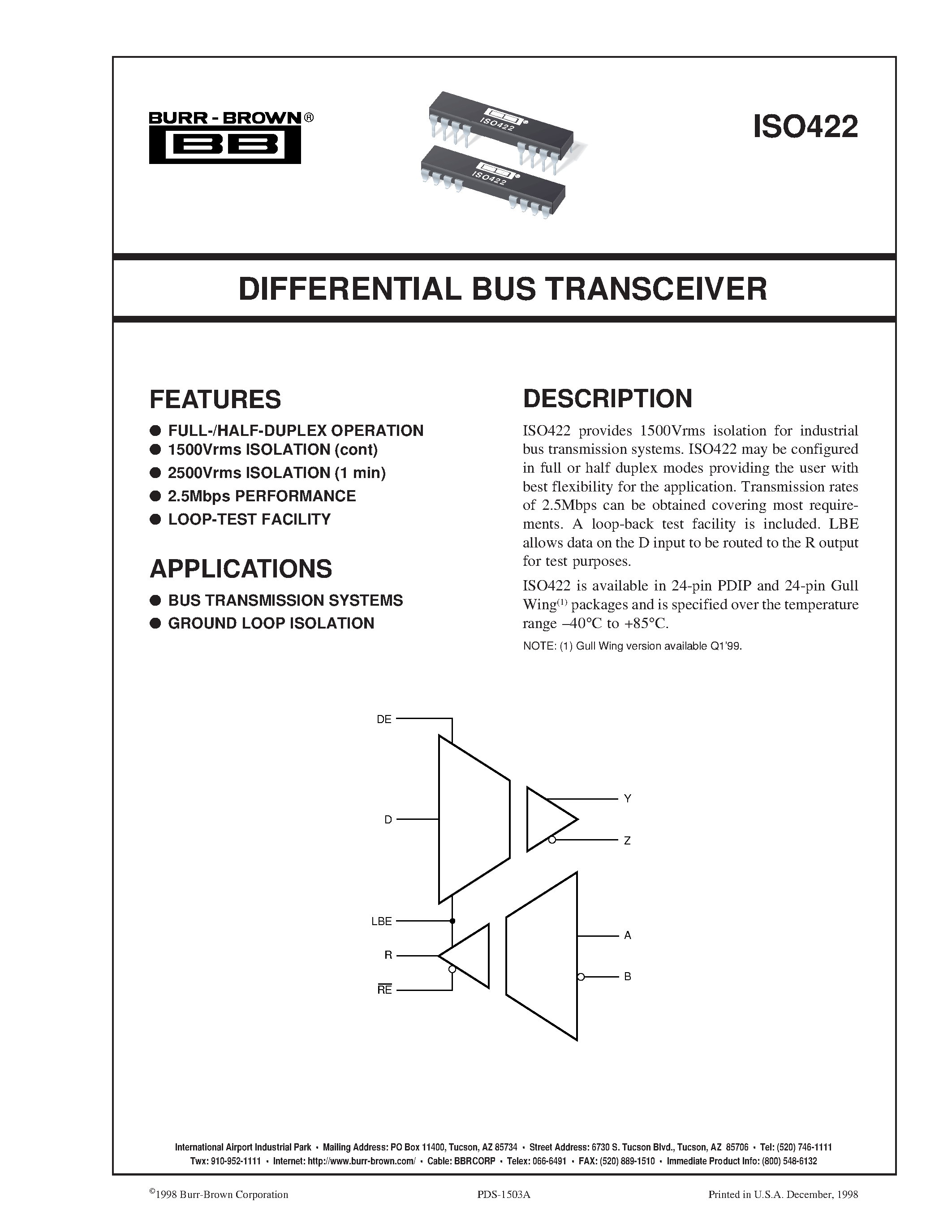 Даташит на микросхему ISO422P-U(1) страница 1 Даташит ISO422P-U(1) - DIFFERENTIAL BUS TRANSCEIVER страница 1