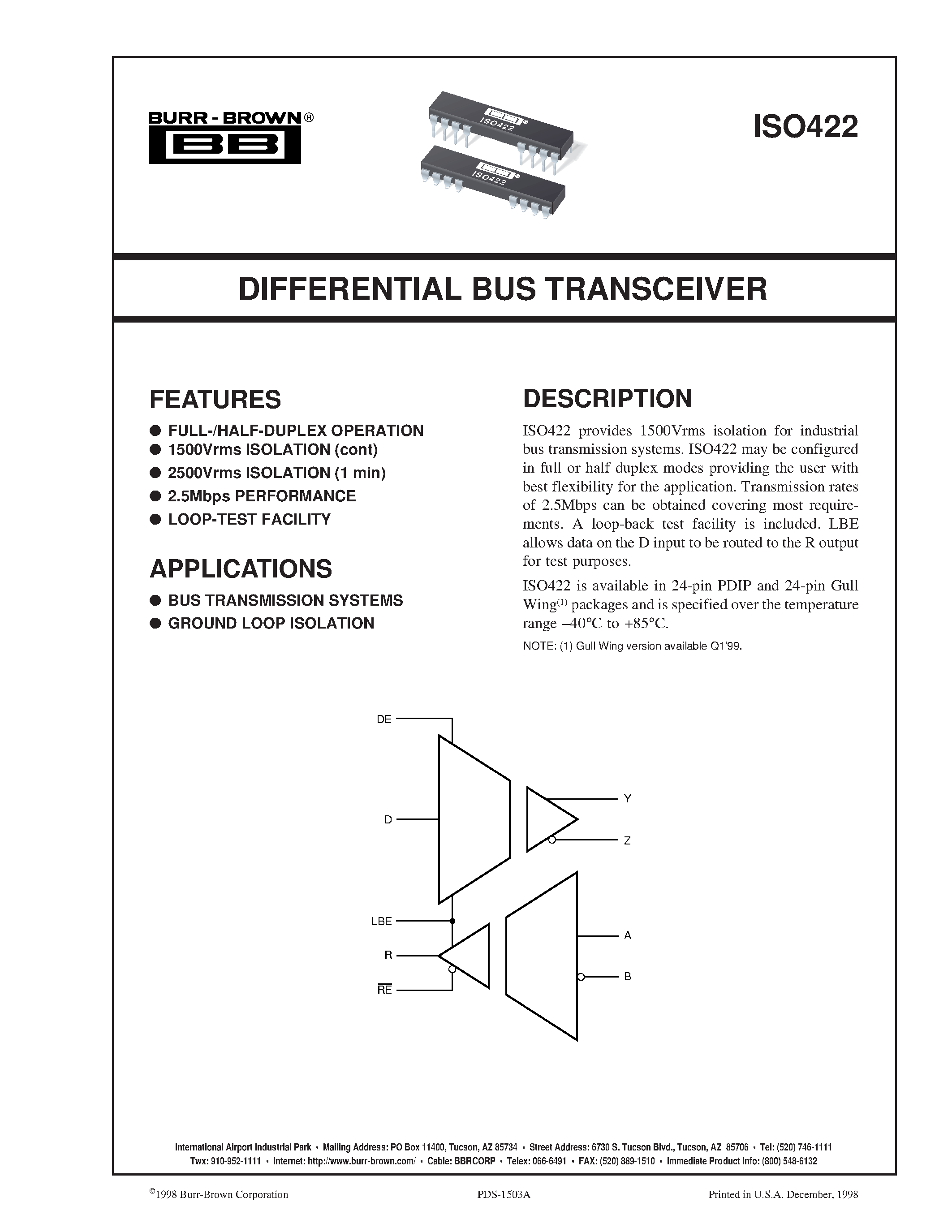 Datasheet ISO422P-U(1) - DIFFERENTIAL BUS TRANSCEIVER page 1