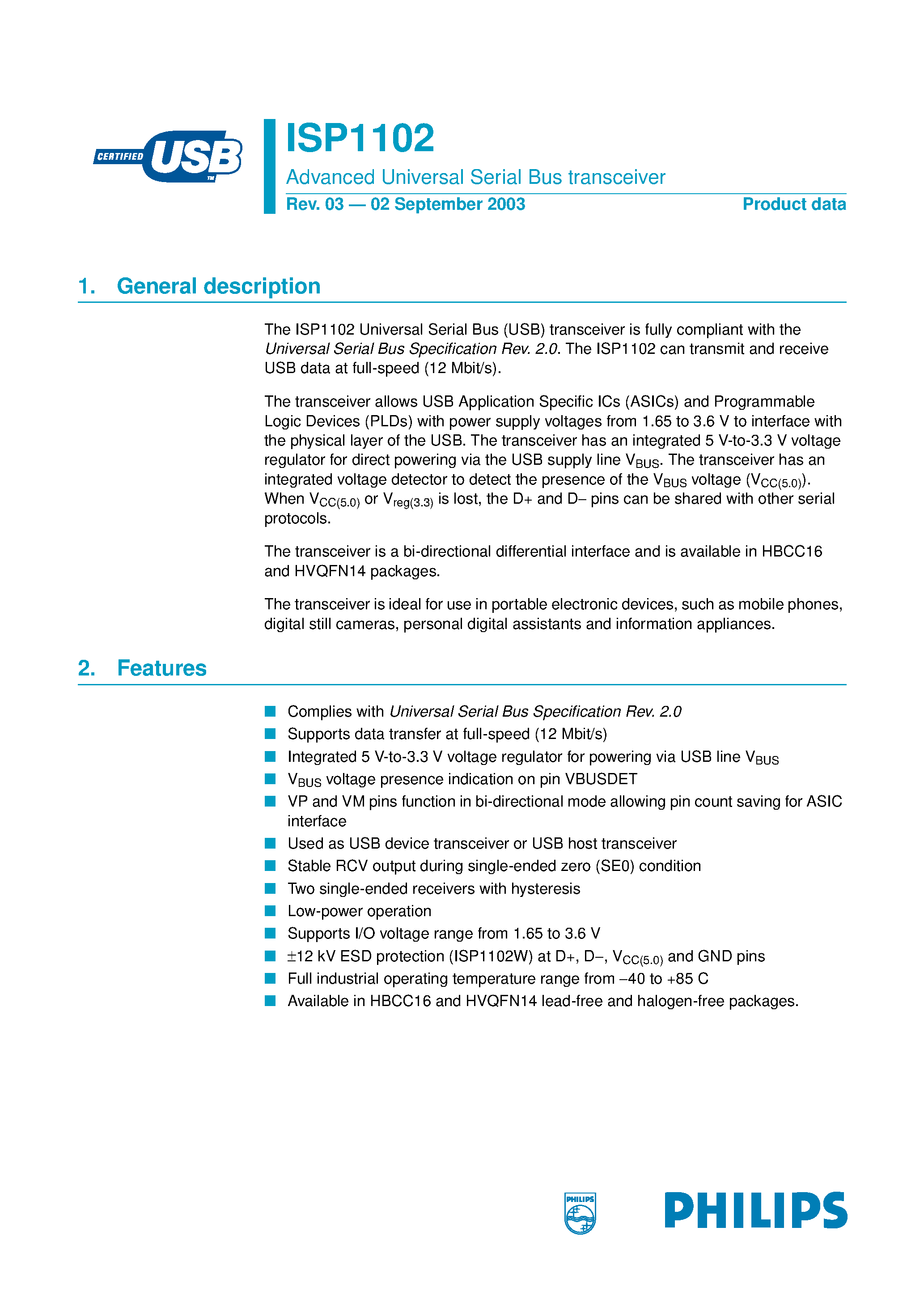 Datasheet ISP1102 - Advanced Universal Serial Bus transceiver page 1