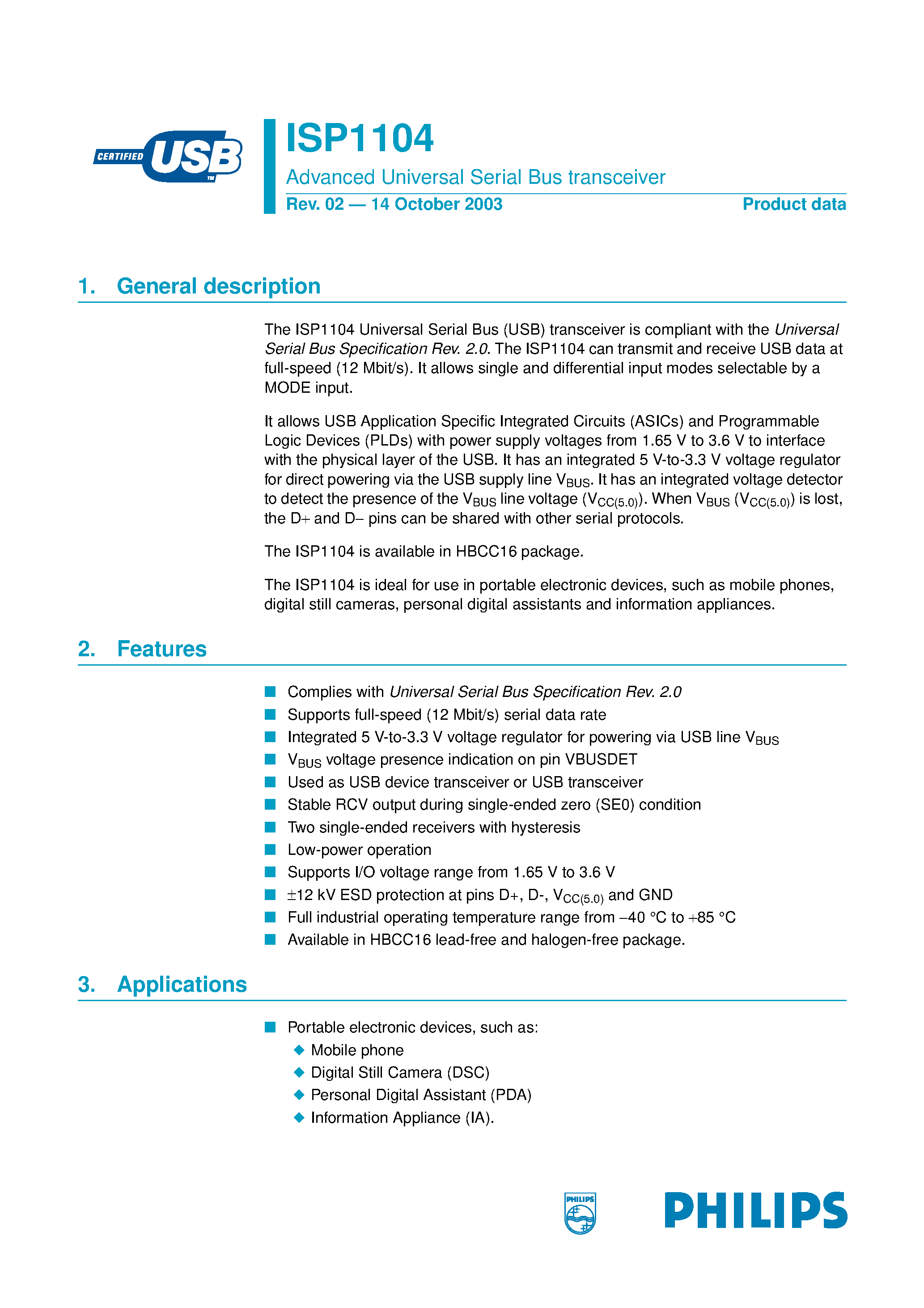 Datasheet ISP1104 - Advanced Universal Serial Bus transceiver page 1