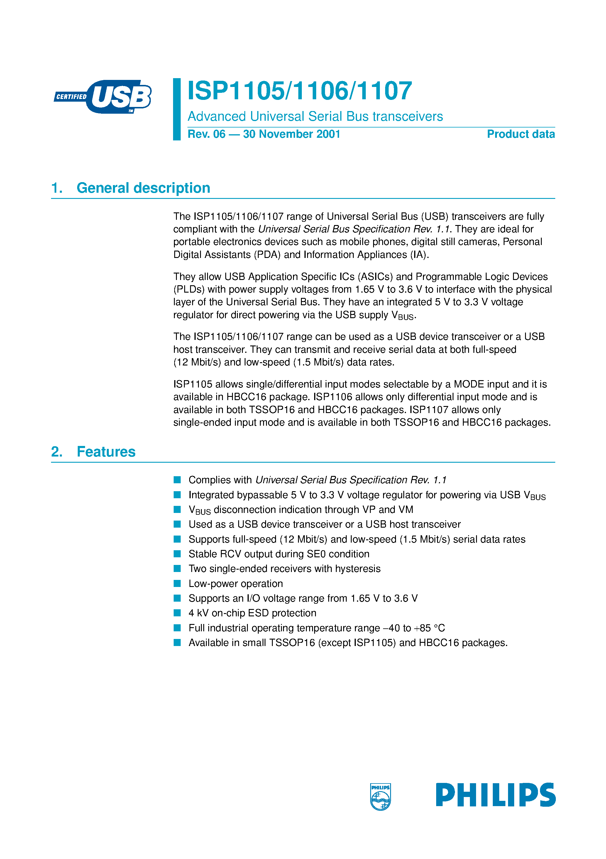 Datasheet ISP1106 - Advanced Universal Serial Bus transceivers page 1