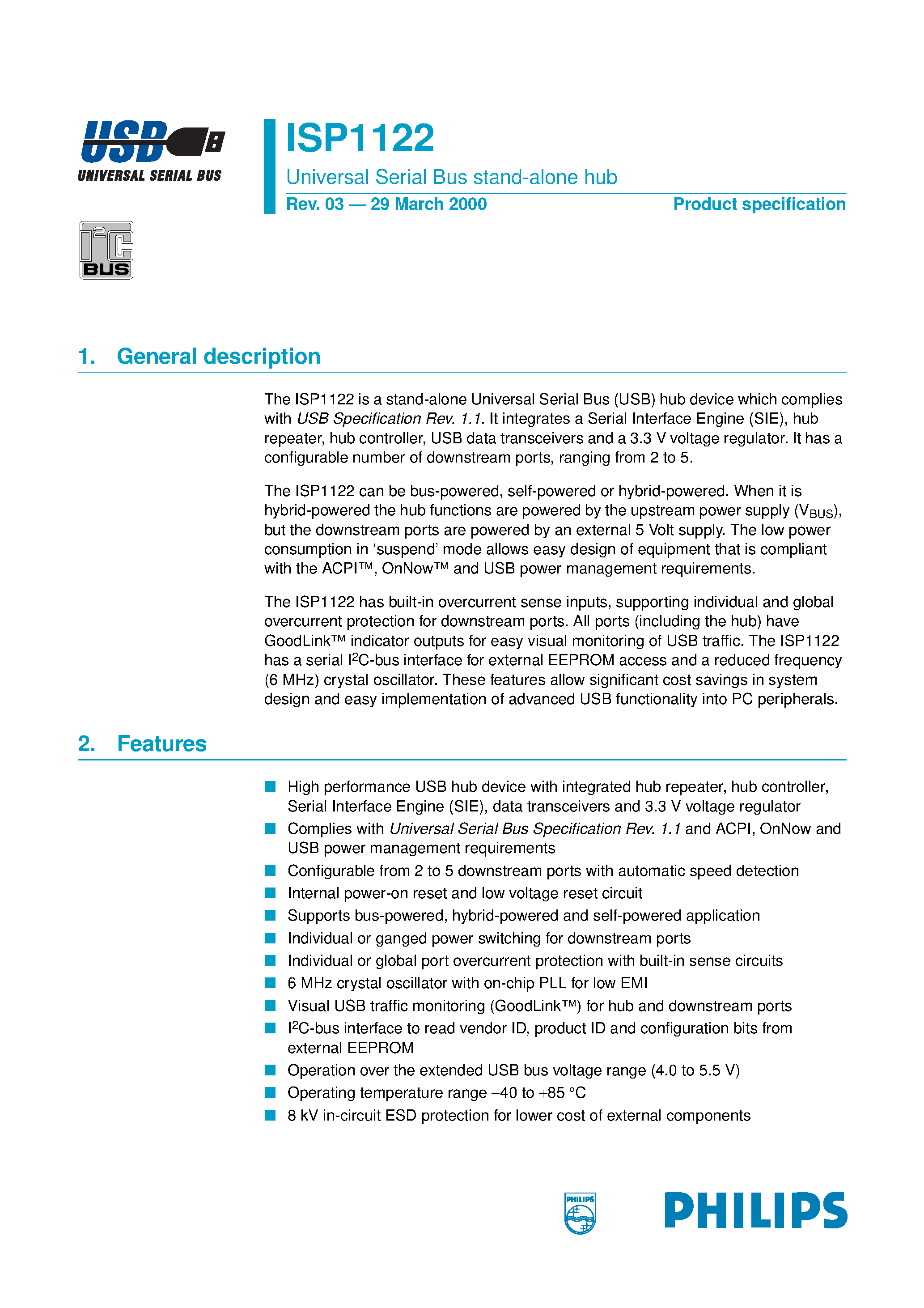 Даташит на микросхему ISP1122 страница 1 Даташит ISP1122 - Universal Serial Bus stand-alone hub страница 1